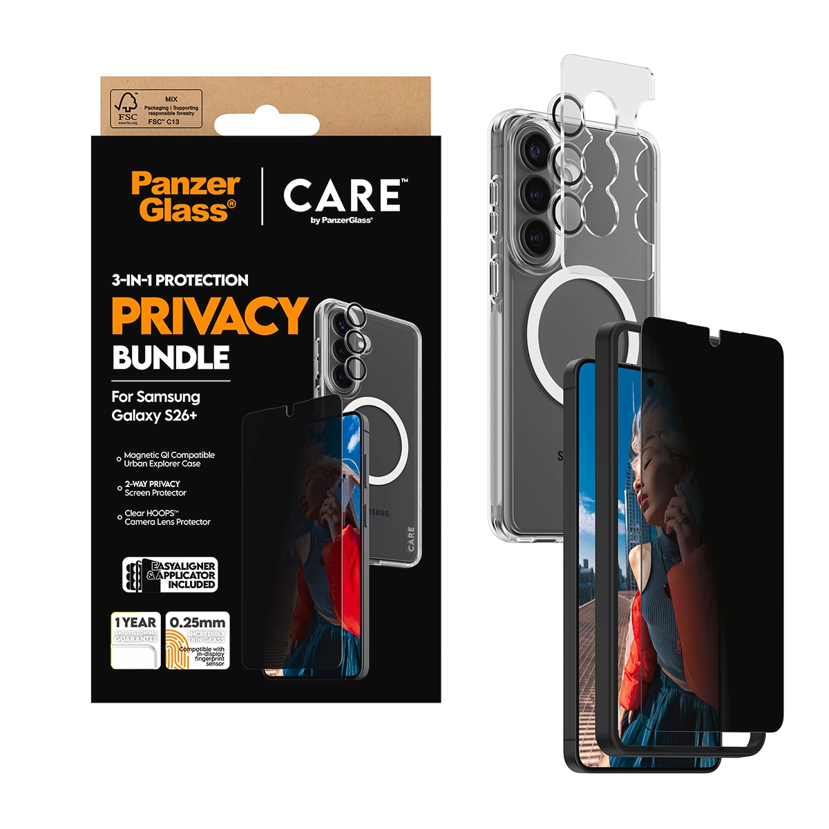 CARE by PanzerGlass Displayschutzglas »3-in-1 Protection Privacy Bundle« für Samsung Galaxy S26+ Displayschutzfolie, Schutzfolie, Bildschirmschutz, kratz- & stossfest