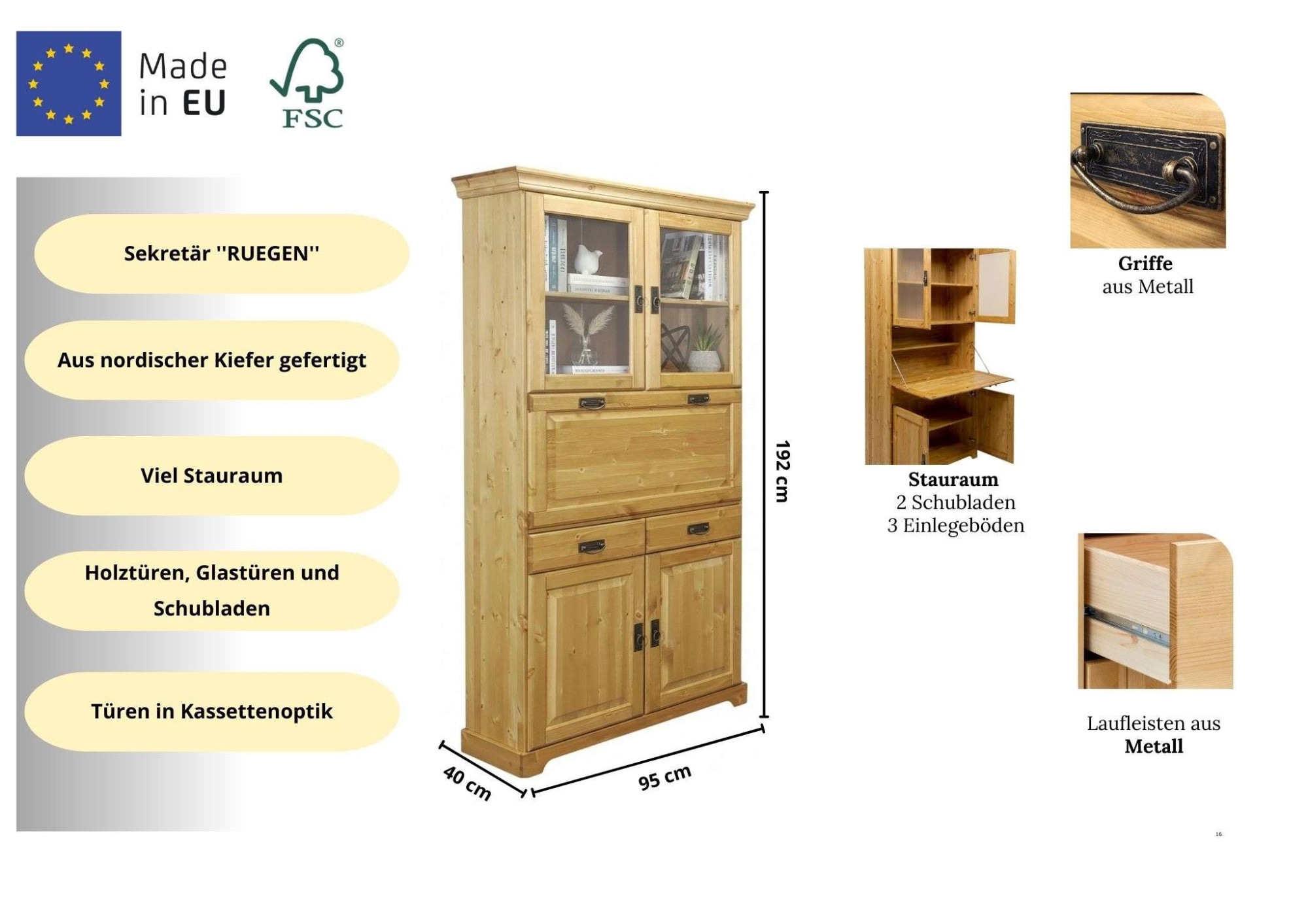 GOODproduct Sekretär »Rügen« aus massiver Kiefer, Breite 94 cm, made in EU