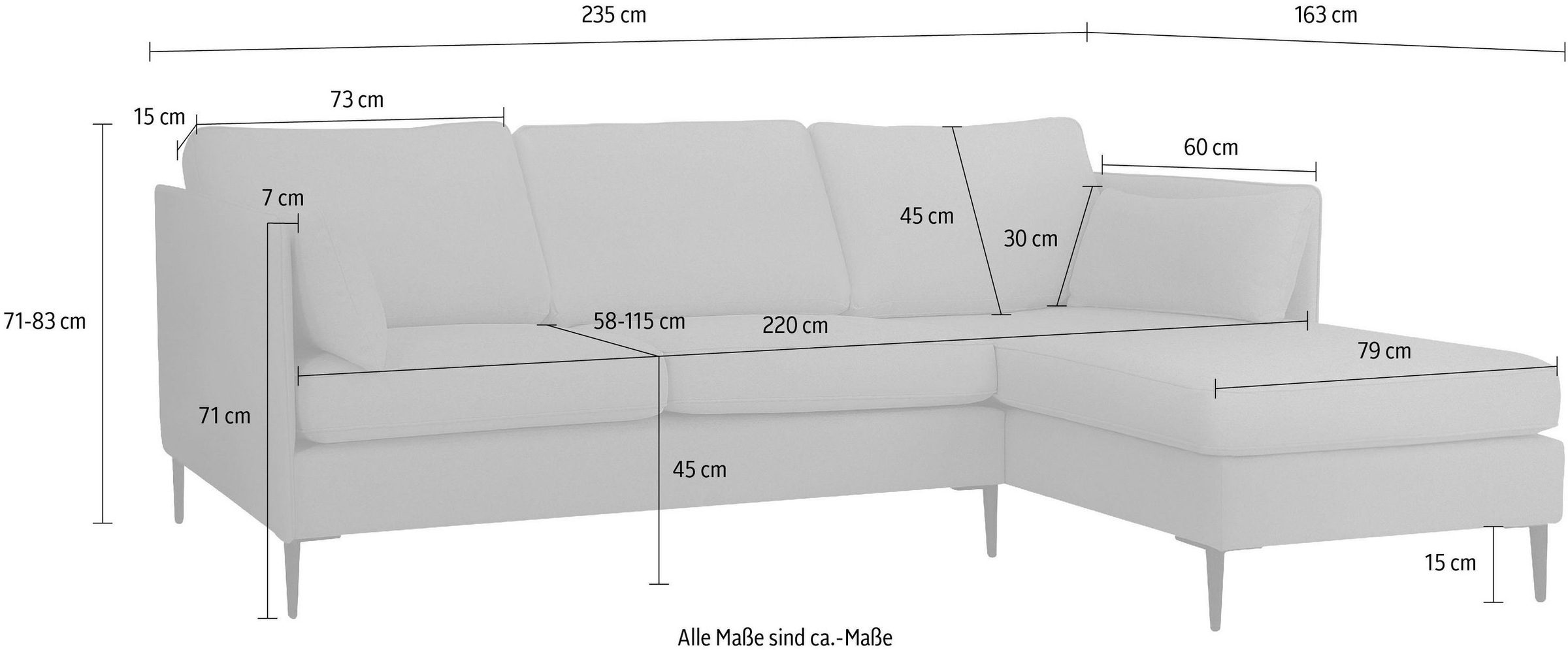 Leonique Ecksofa »Light L-Form«, inklusive loser Zierkissen, mit schmalen Armlehnen und Teleskopfüssen