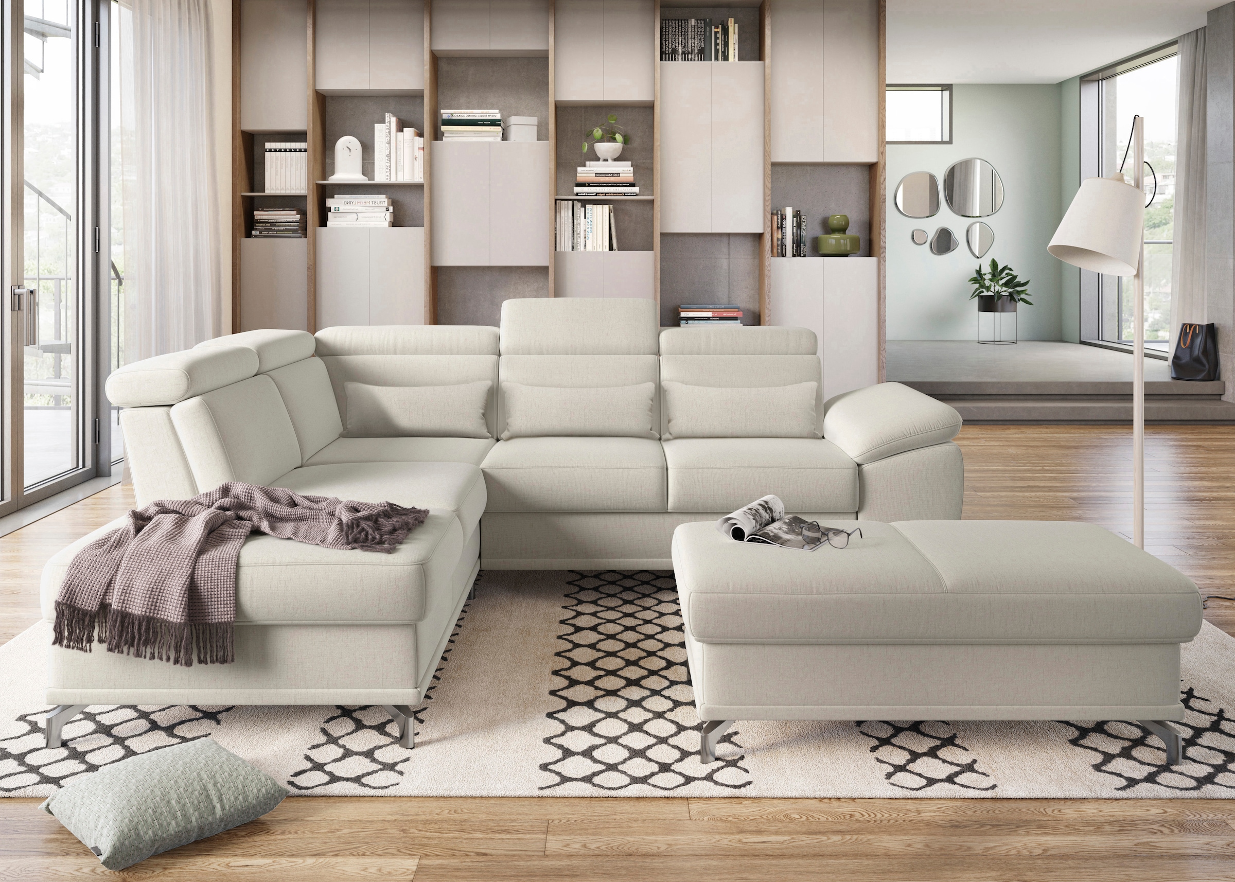 sit&more Ecksofa »Cabrio L-Form, mit Sitztiefenverstellung, Arm- und Kopfteilverstellung«, 3 Nierenkissen, Federkern, optional Bettfunktion und Stauraum