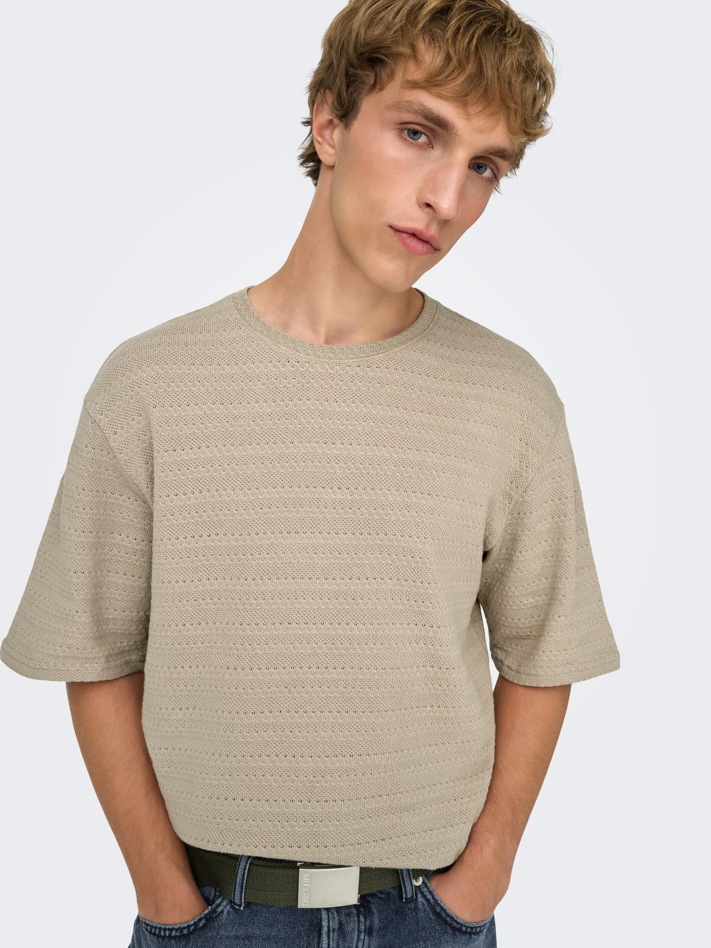 ONLY & SONS Pull à col rond »ONSGIVO REG 12 SS CREW KNIT NOOS« Coton, manches courtes, coupe normale