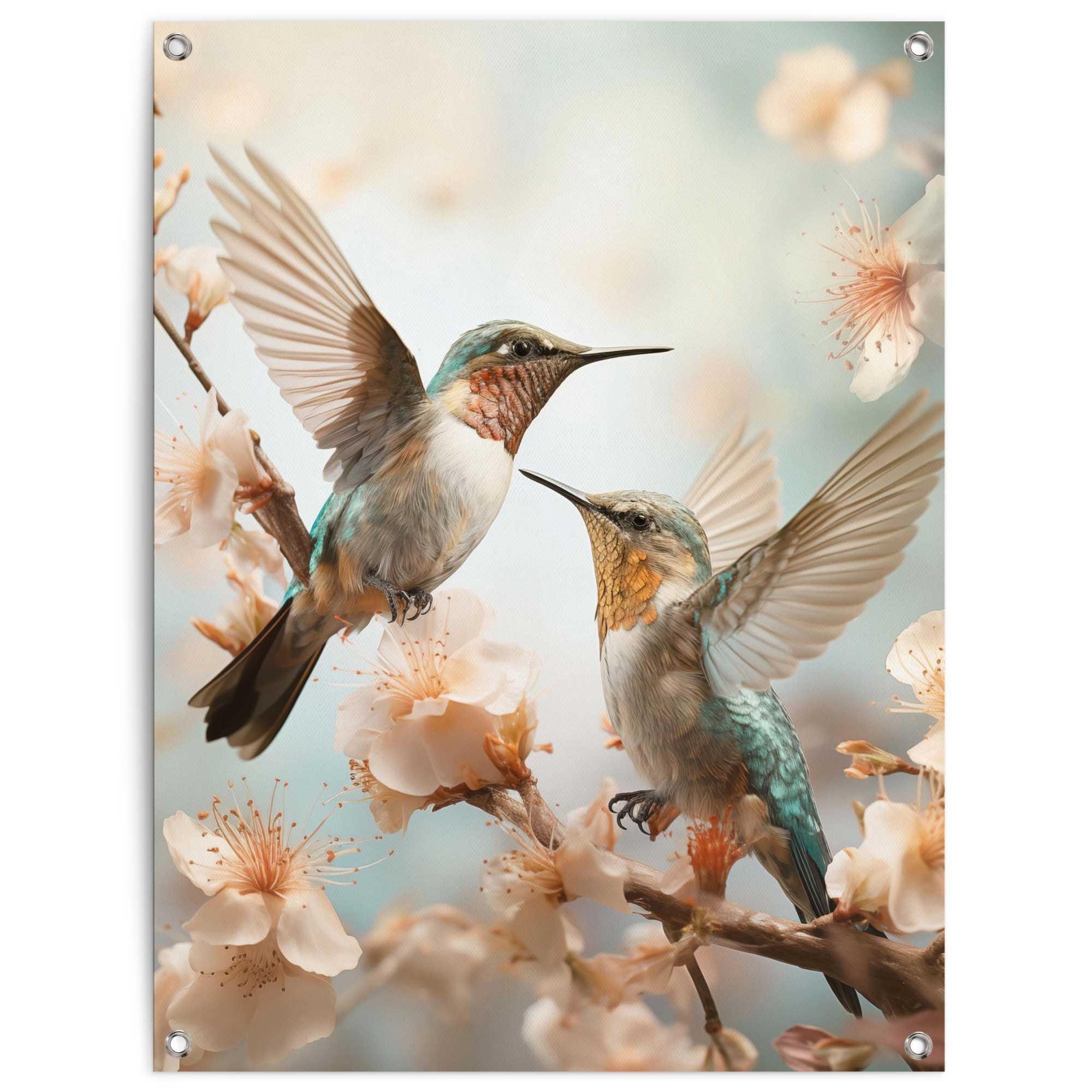 Image of Reinders Poster "Spring Birds" Garten - Kolibri - Frühling - Blüte - Blau - Leinwand - Tiere