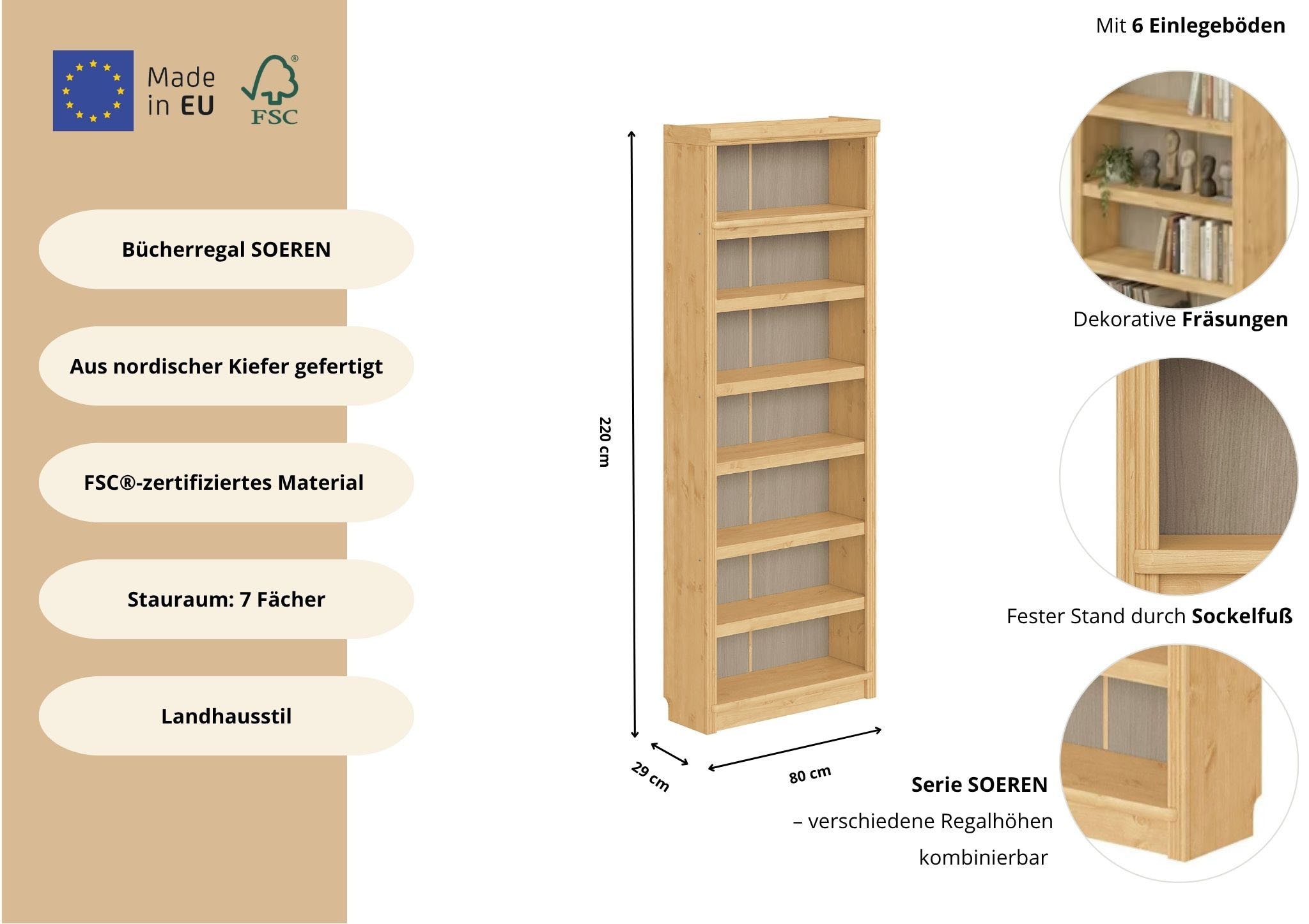 GOODproduct Étagère à livres »Soeren Regal B/T/H: 80/29/220 cm« 7 compartiments ouverts, pin massif, certifié FSC®