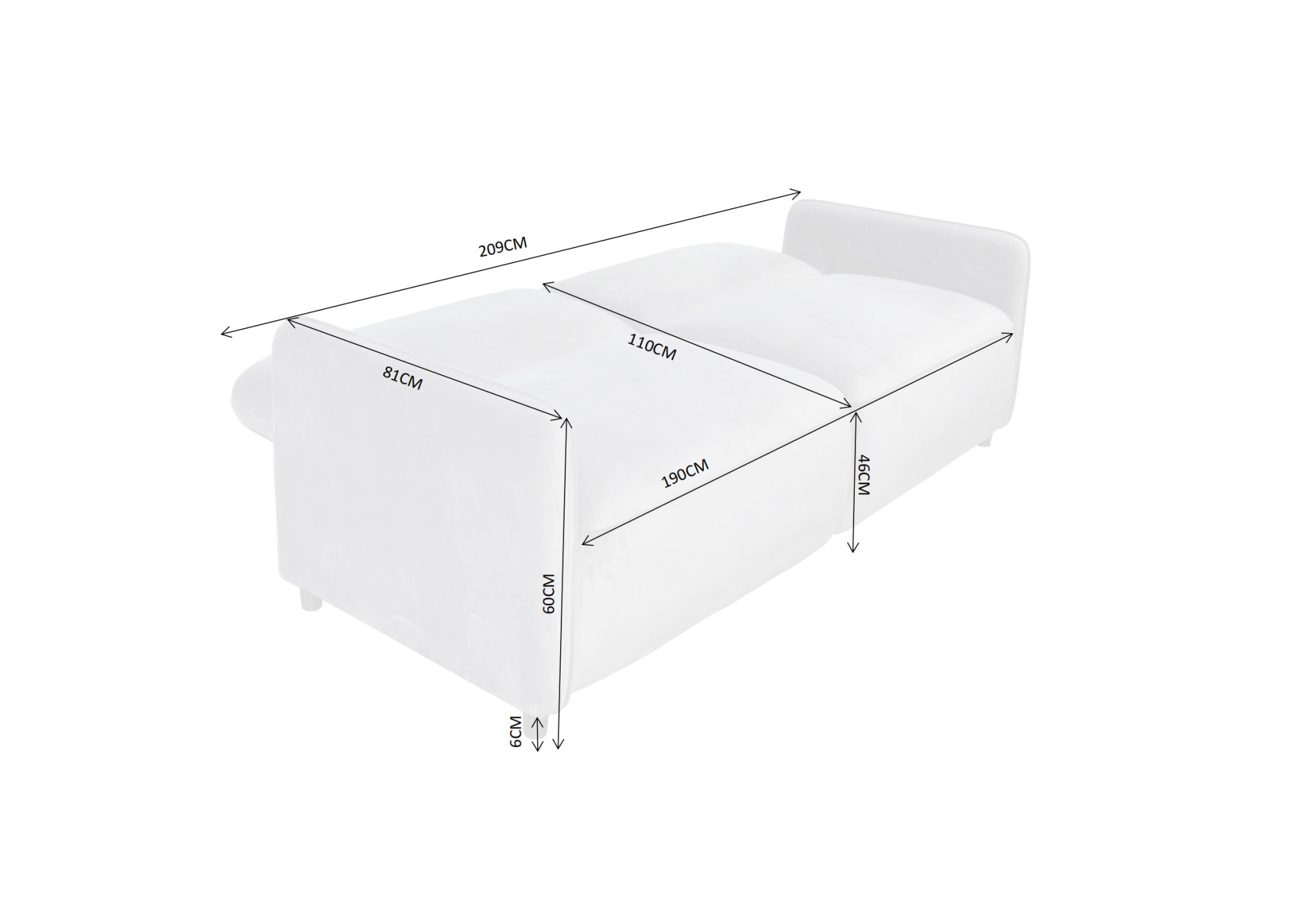 Dorel Home 3-Sitzer »Allie Curved Schlafsofa 209 cm«, Bettfunktion (110/190), verstellbare Rückenlehne, Cord u. Velours