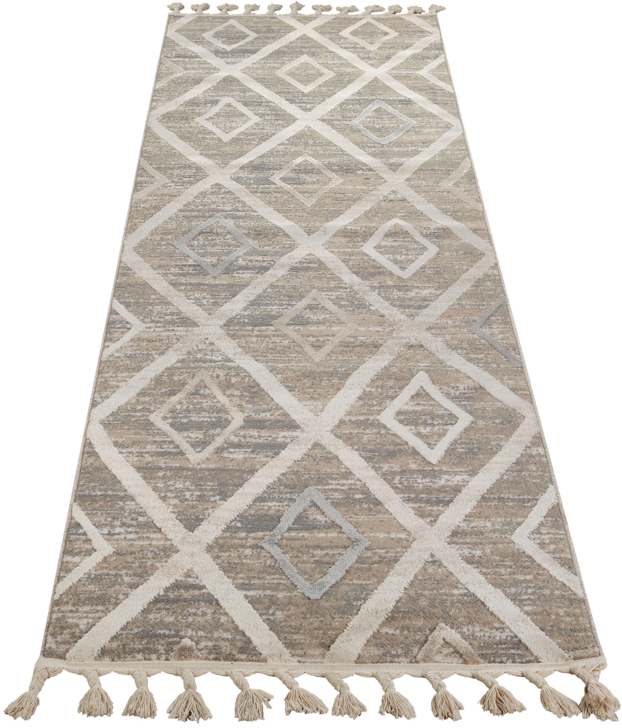 GOODproduct Läufer »Otilie« rechteckig 11 mm Höhe dichte Qualität, Woll-Look, Boho, mit Fransen und Rauten, Scandi