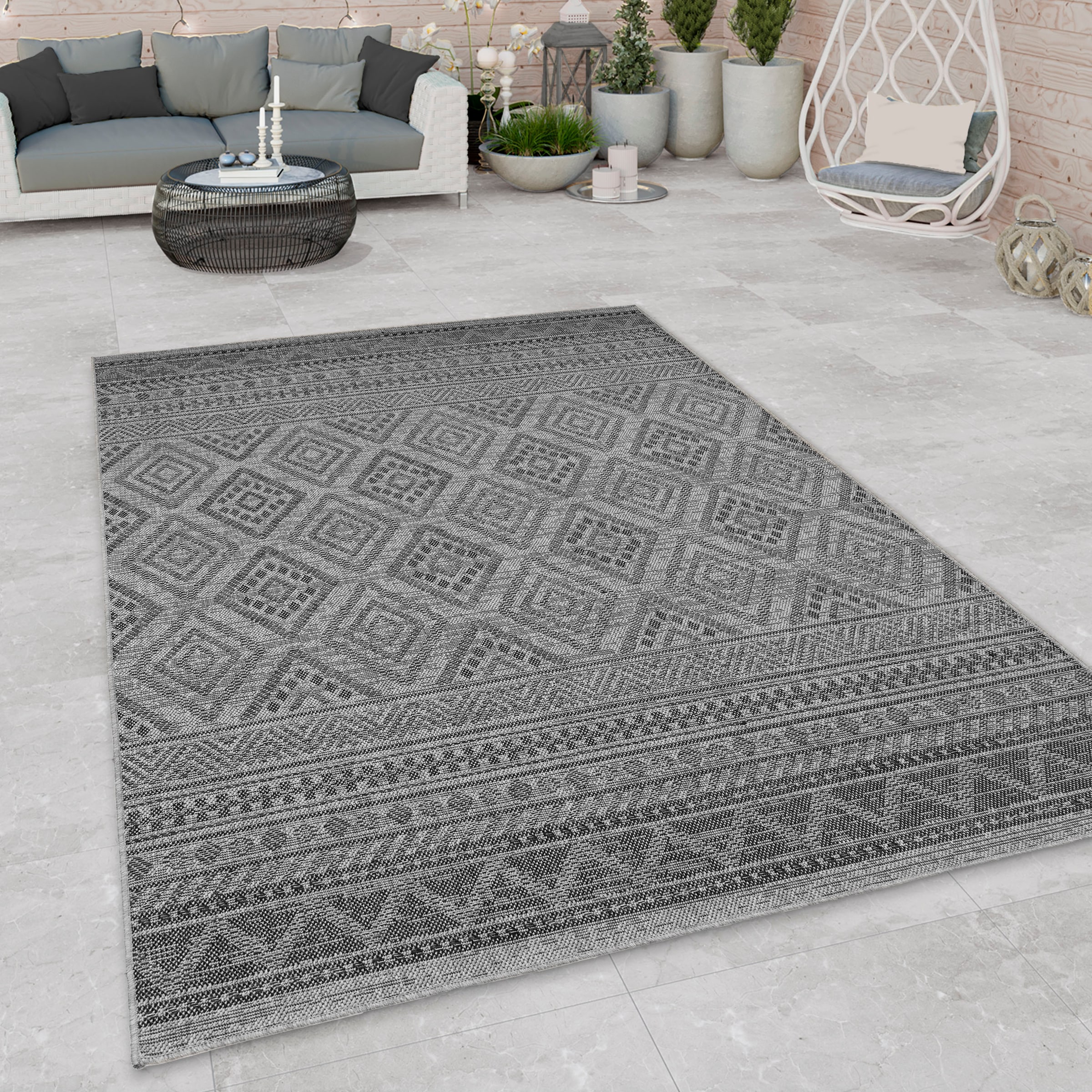 Image of Paco Home Teppich "Vermont 184" rechteckig 4 mm Höhe Flachgewebe, modernes Design mit Rauten, gesteift, Outdoor geeignet