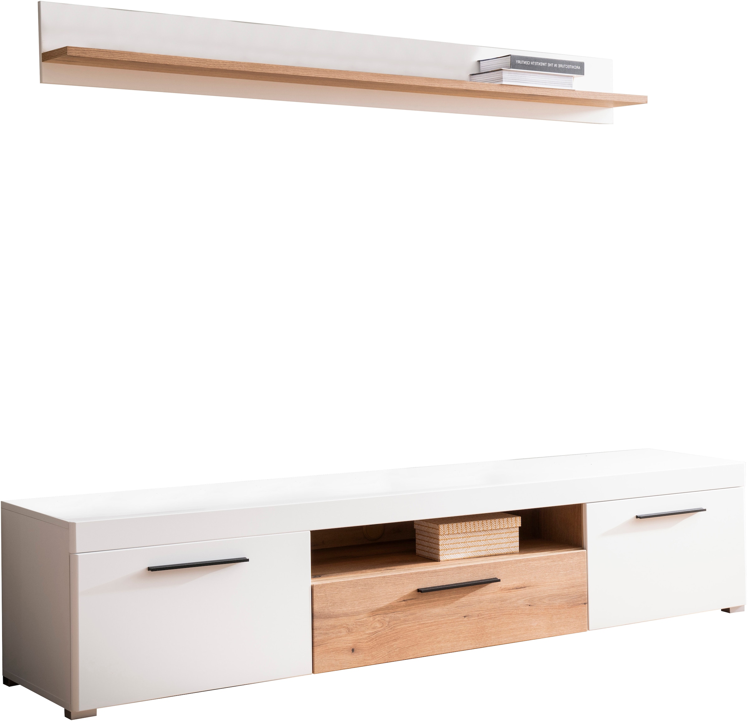 INOSIGN Wohnwand »Salerno, moderne Anbauwand, Wohnzimmer-Set, Weiss mit Eiche Evoke Dekor«, (Set, 2 St.), enthält Lowboard + Wandboard, Metallgriffe, 205 cm breit