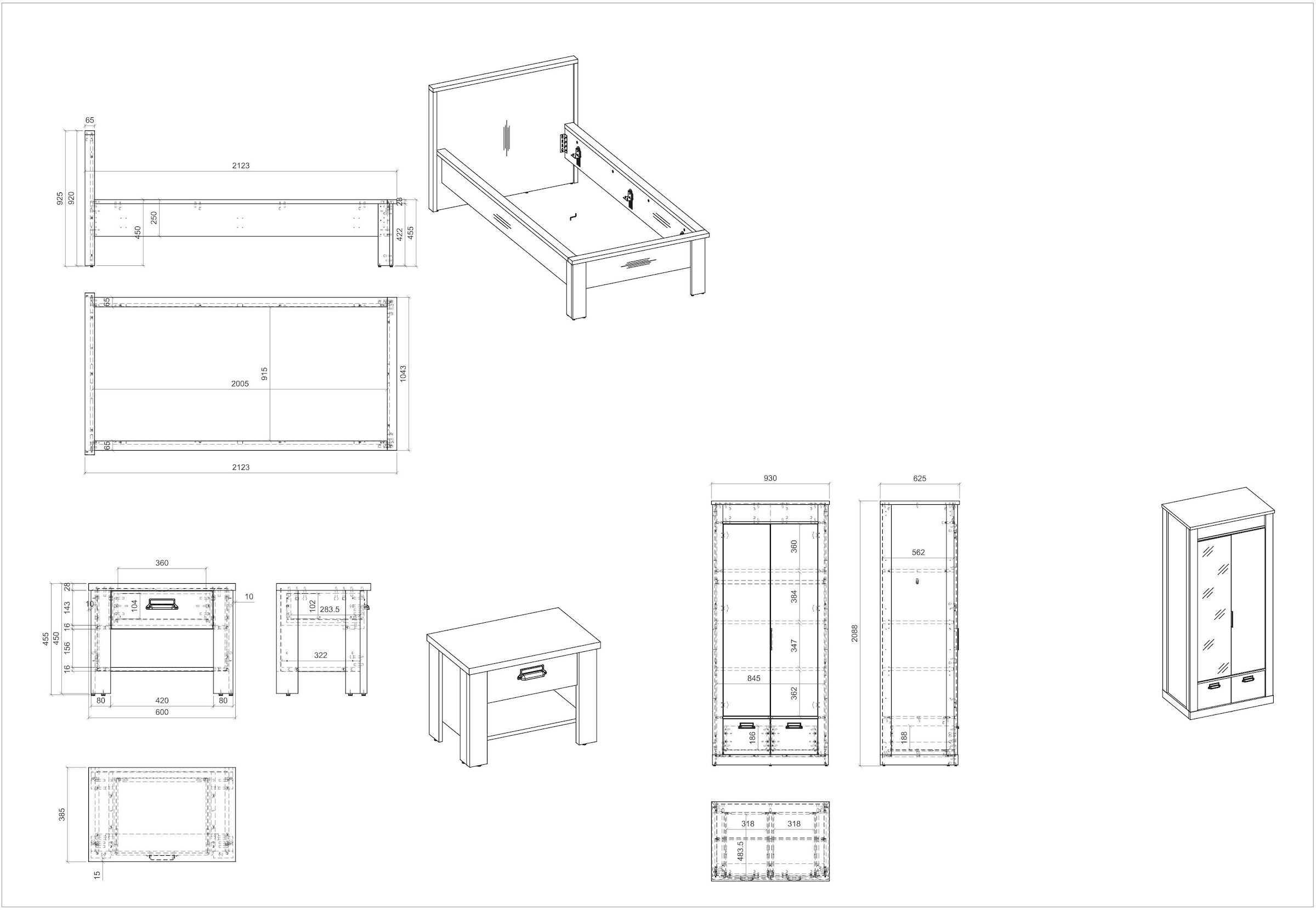 Home affaire Schlafzimmer-Set »SHERWOOD«, (3 St.), Liegefläche 90x200cm, Schrank 2-trg. 93cm breit