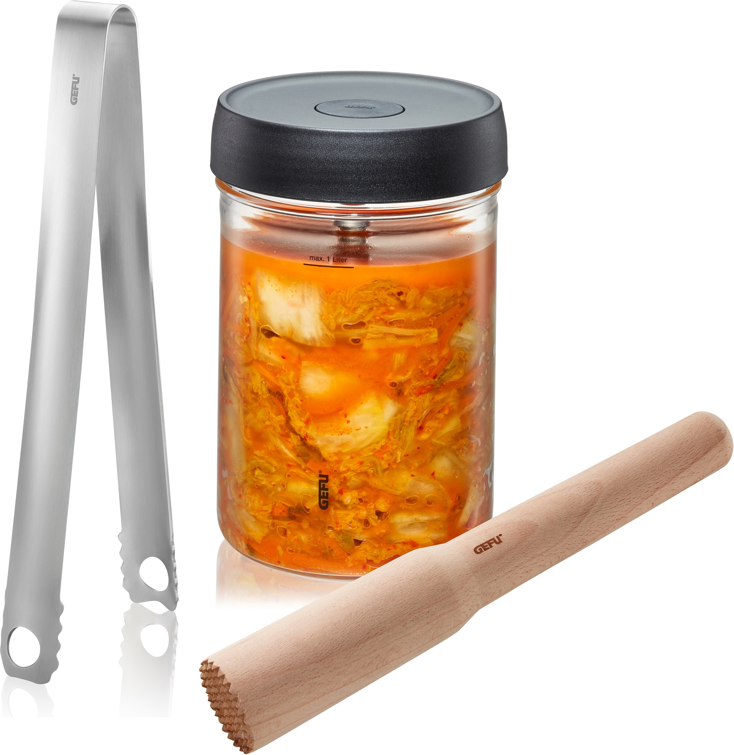 Image of GEFU Fermentationsglas "NATIVO" 1L Fermentationsglas mit Deckel, Beschwerungsgewicht, Stössel und Zange