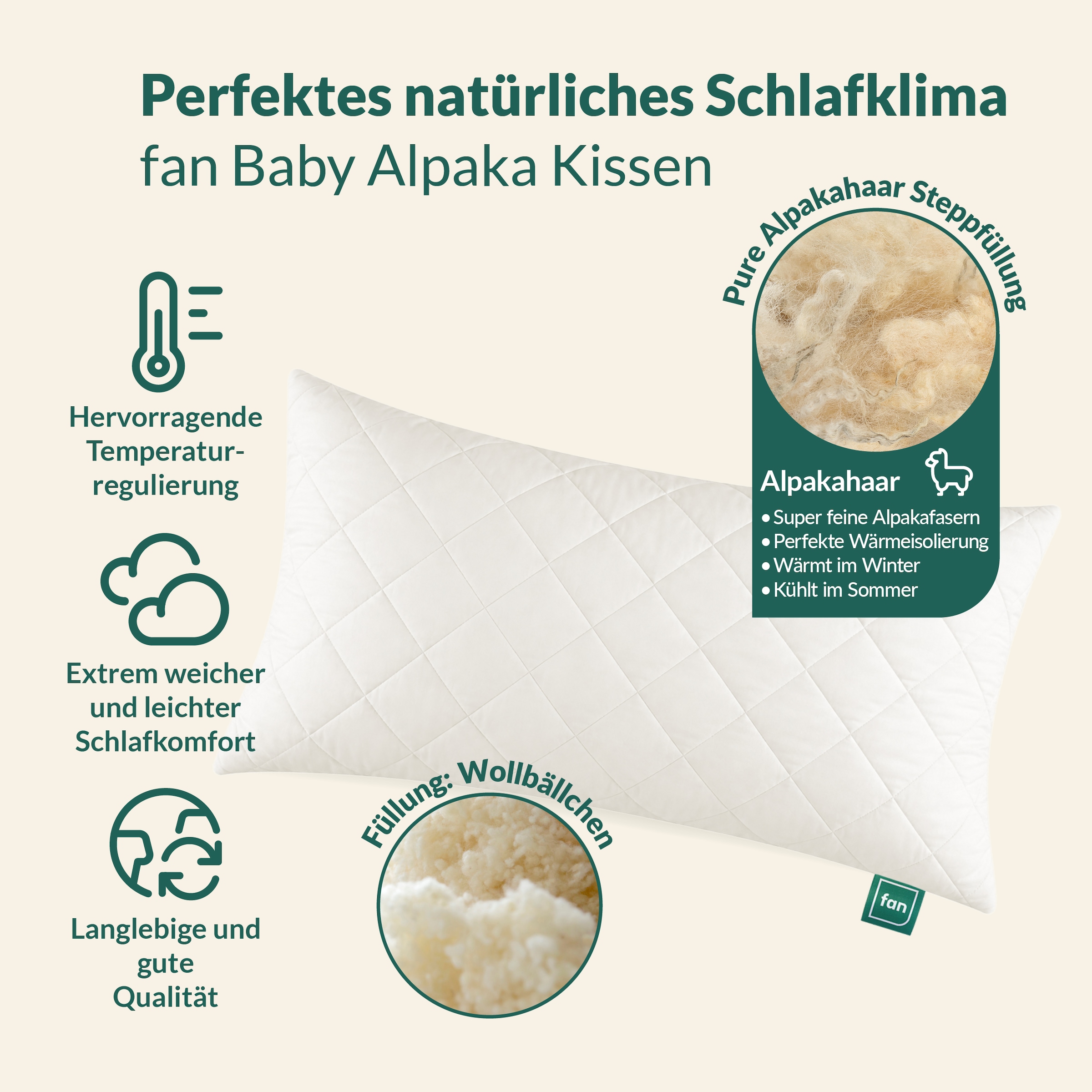 fan Coussin pour cheveux naturels »Baby Alpaka« Füllung: laine 1 cuis tlg. remplissage en alpaga "Vlies der Götter"