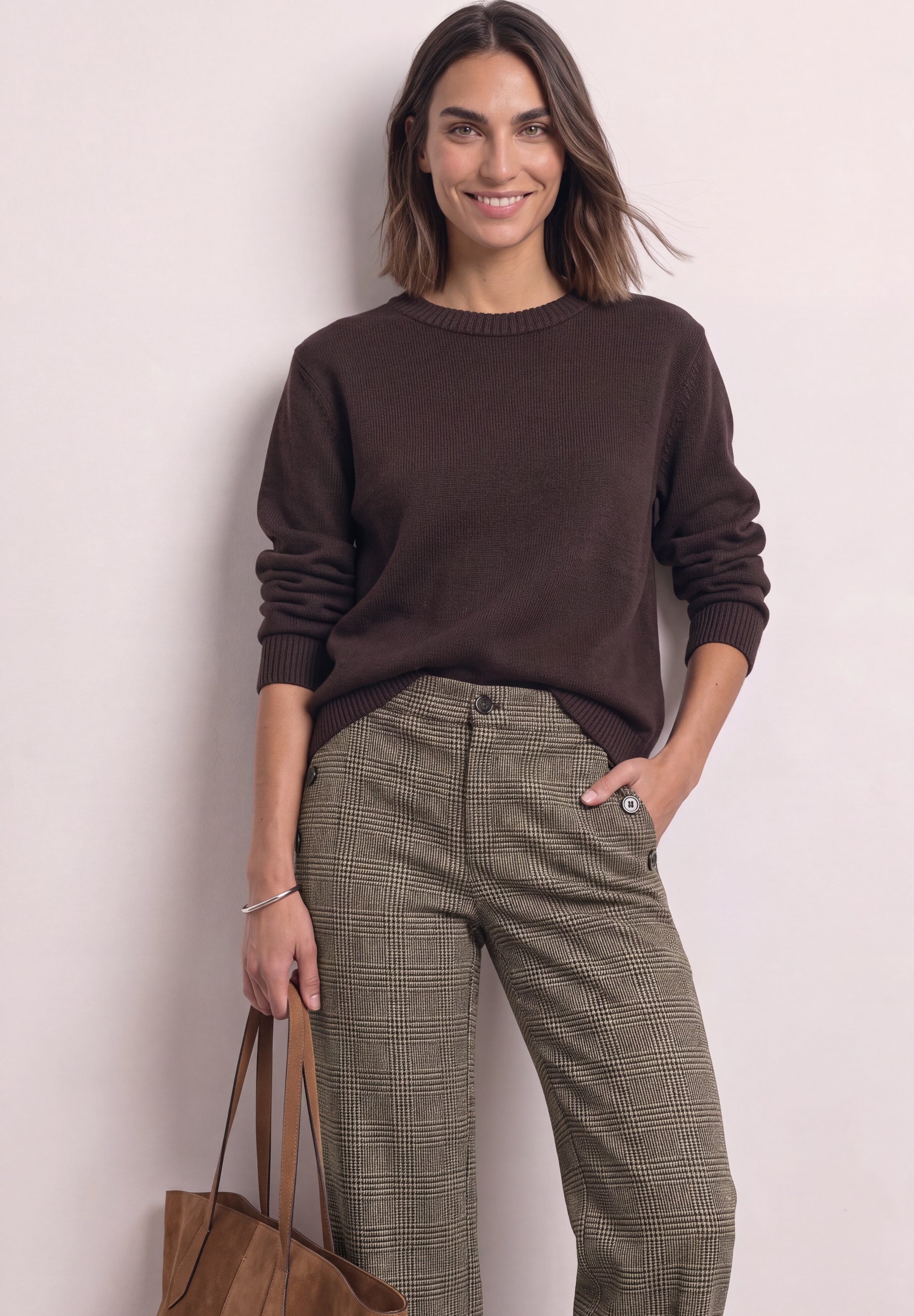 Image of STREET ONE Schlupfhose "Style Amalia" Straight Leg Hose mit Karomuster und Knöpfen