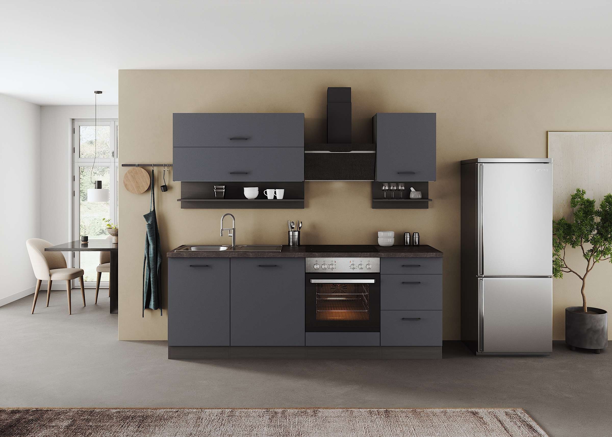 KOCHSTATION Küchenzeile "KS-Frieda Breite 220 cm" wahlweise mit E-Geräten, mit 38mm starker Arbeitsplatte
