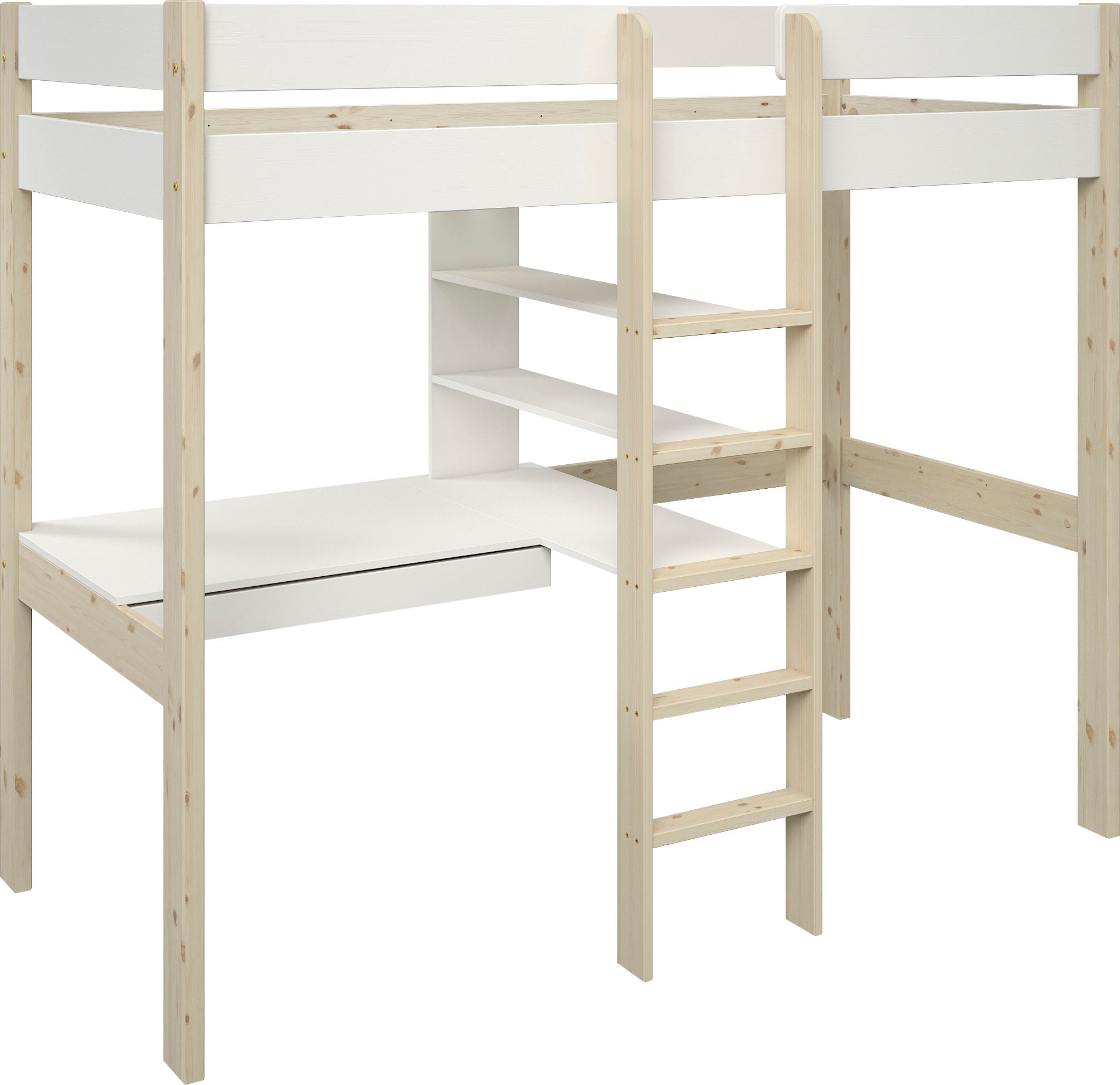 Lüttenhütt Hochbett »Stockbett, Kinderbett, "ROBIN " FSC® zertifiziertes Massivholz«, mit Schreibtisch und Regalen