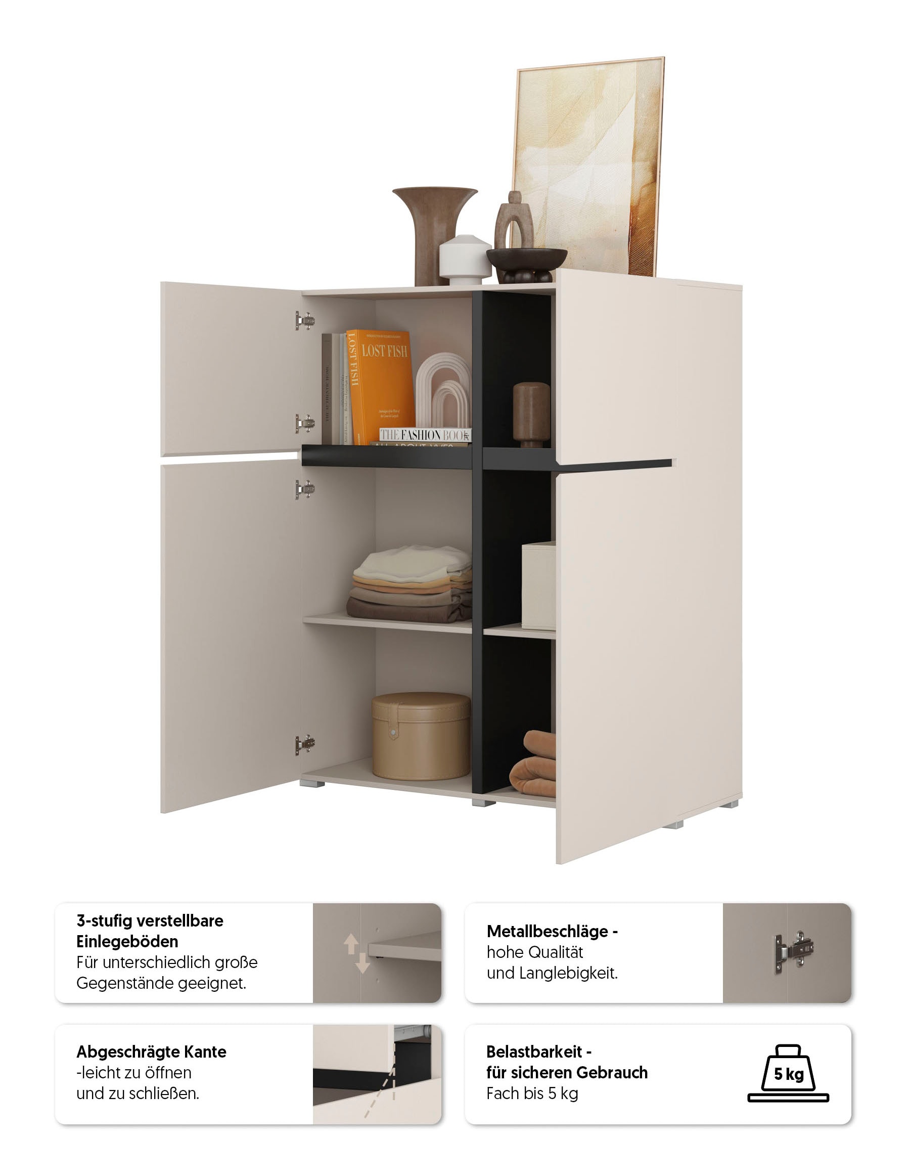 GOODproduct Hochkommode »Cross,Breite 119,5 cm, moderne grifflose Hochkommode mit 4 Türen« Hochschrank mit viel Stauraum, Einlegeböden verstellbar