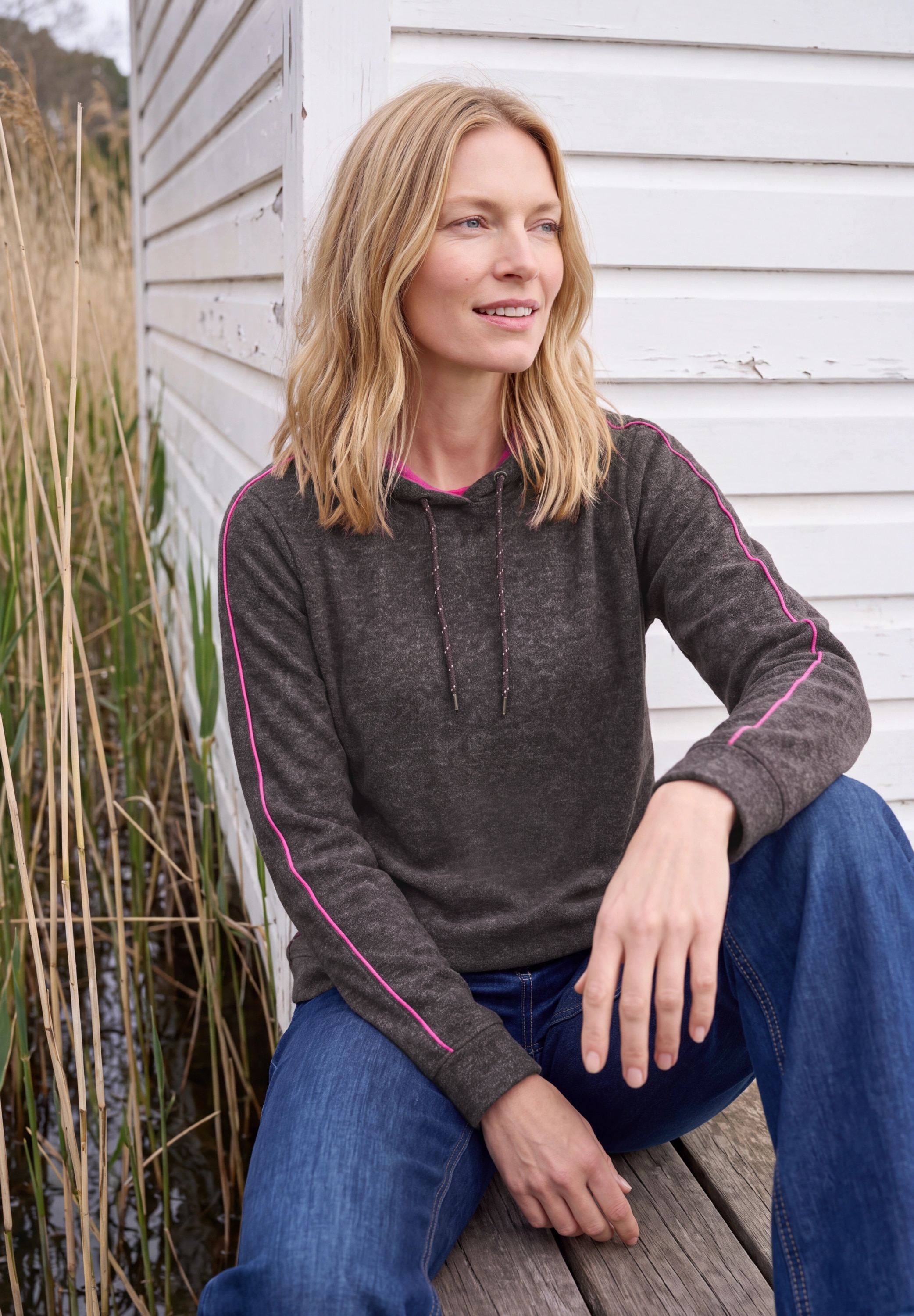 Image of Cecil Sweater, mit Hoodie und Piping / Meliert / Viskose-Stretch