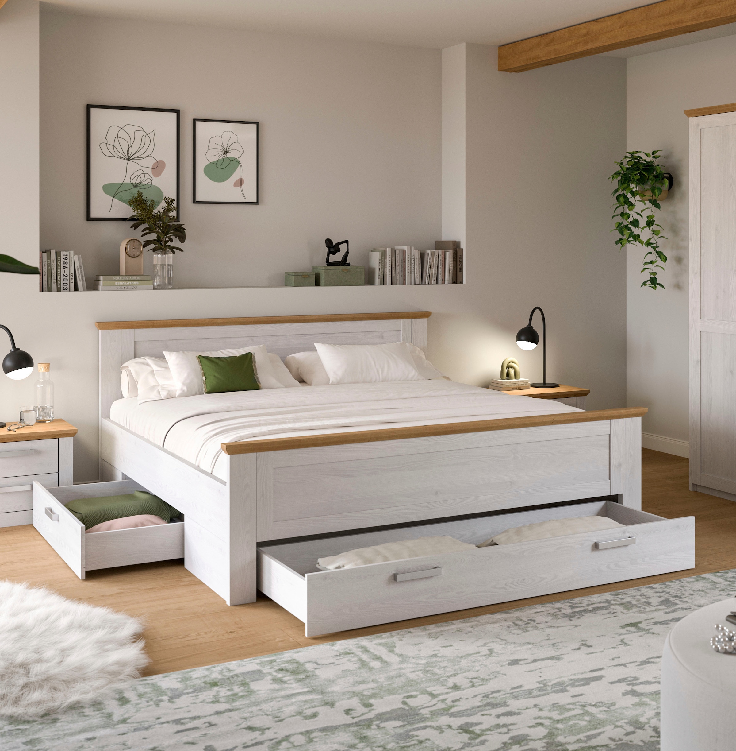 Home affaire Lit de rangement »COSENZA, Breite 189cm, im Landhausstil, 3 Schubkästen« Pour matelas 180x200 cm, beaucoup de rangement, sans matelas ni sommier,  lit, lit coffre, cadre de lit, chambre à coucher, dormir