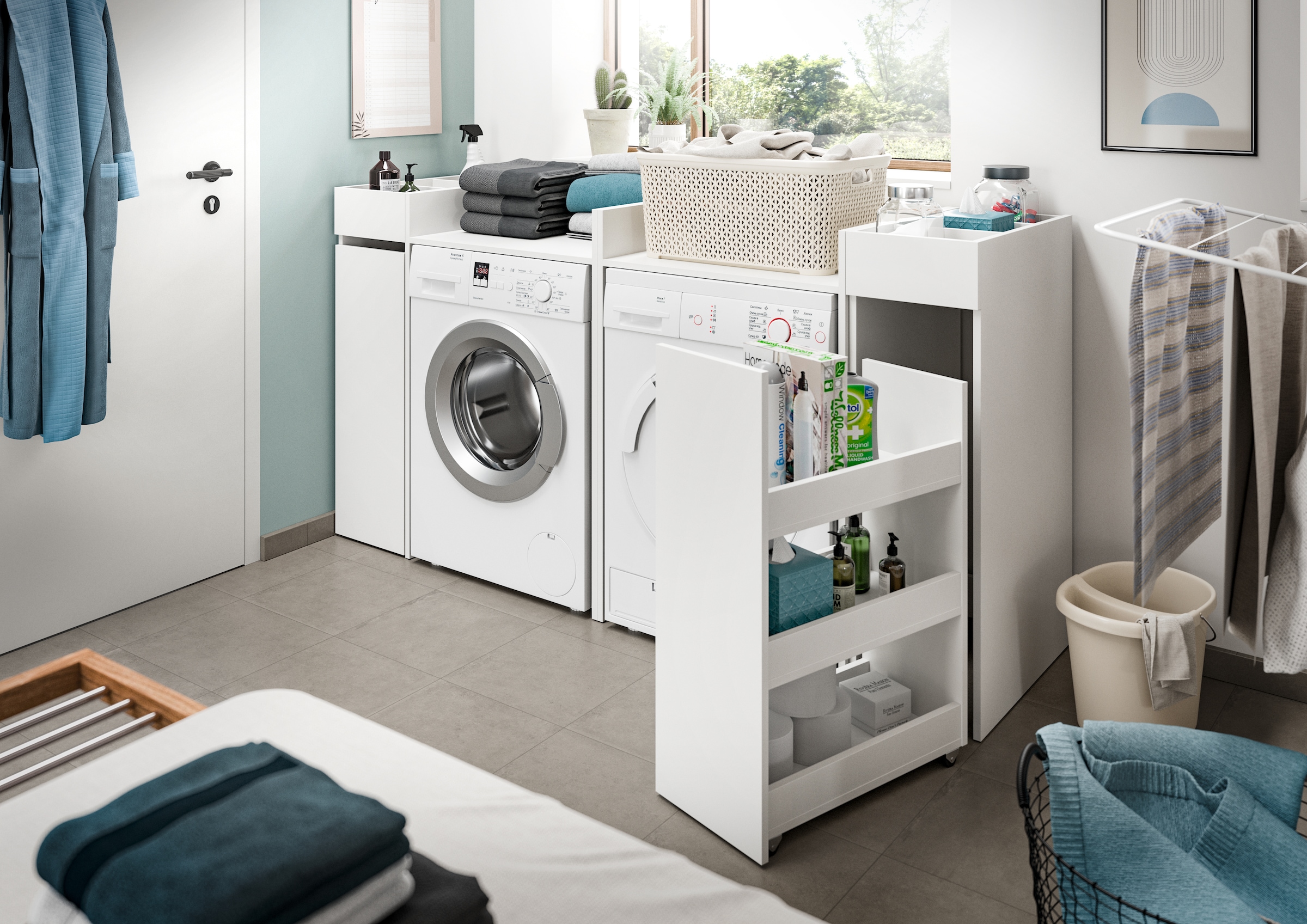 welltime Badmöbel-Set »FALAS, TOPSELLER!, 4-teilig, Hauswirtschaftsraum Set, Breite 190 cm« Set, bestehend aus: 2x Waschmaschinenumbauschrank und 2x Standregal, 4 Stk. tlg.