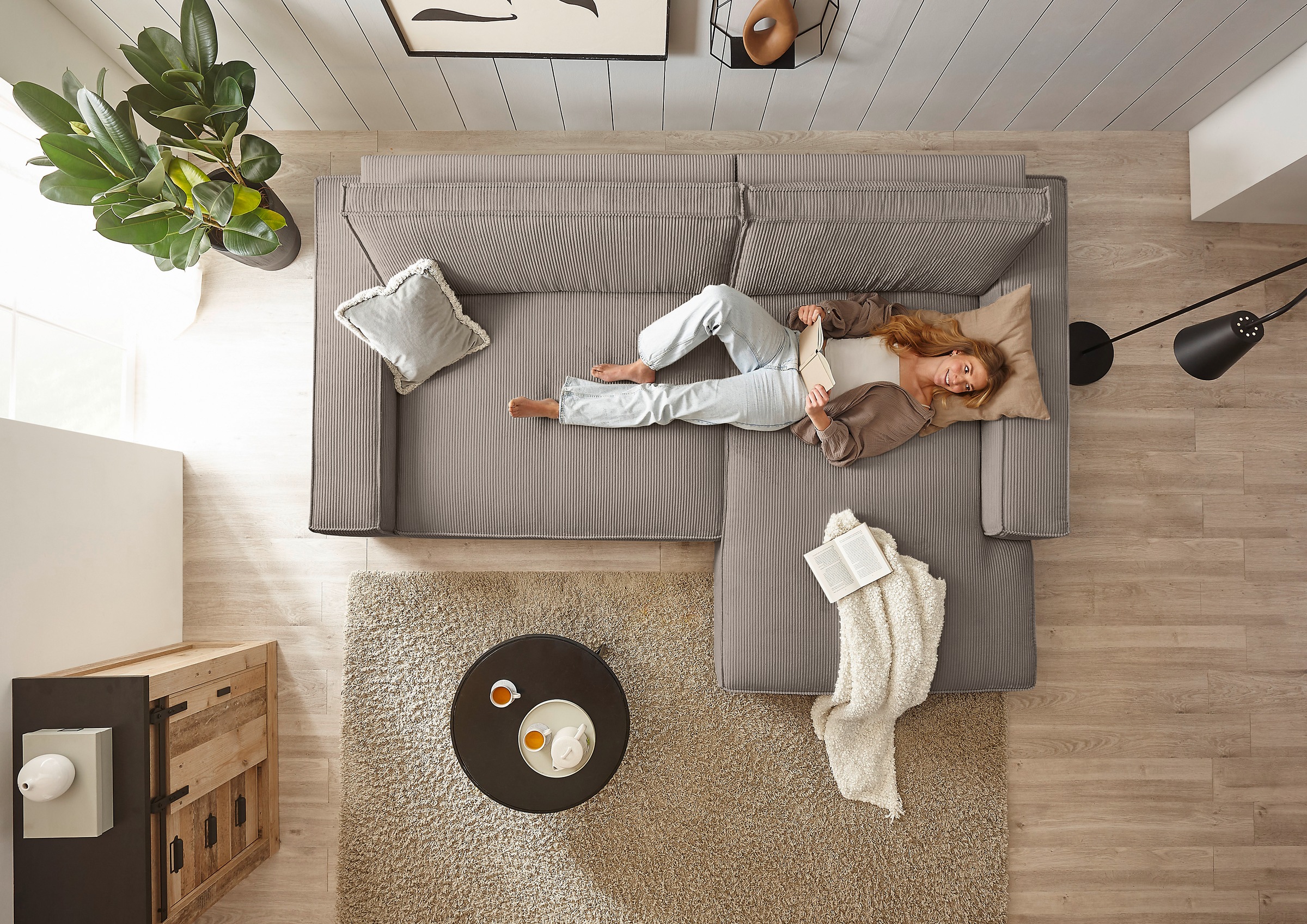 Home affaire Ecksofa »NEU: SHERWOOD XXL 284, Big-Sofa L-Form, tiefe Sitzfläche 95 cm, Cord« Recamiere rechts/links, als Schlafsofa stellbar, Cord u. Leinenoptik