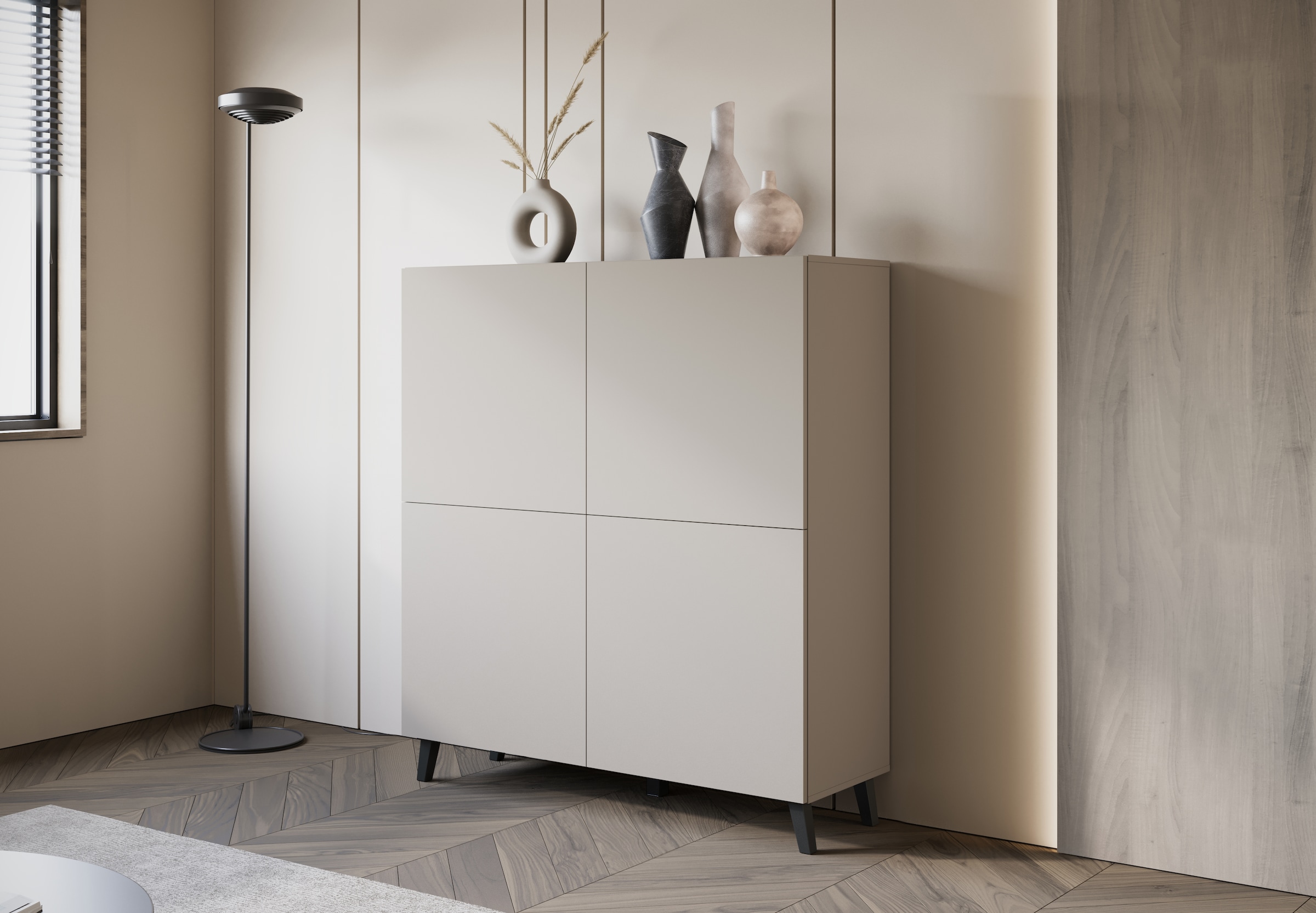 Home affaire Buffet haut »HIGHBOARD PHUKET II, Stilvolle, grifflose Hochkommode, Breite 120cm« Avec 4 portes et 8 compartiments avec étagères réglables en hauteur