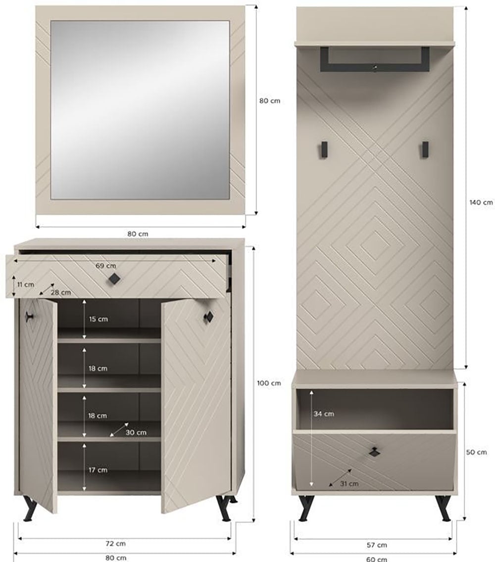 INOSIGN Garderoben-Set »Mento, 4-teilig, Ornamentfräsung in der Front, bestehend aus:«, (Set, 4 St.), Kommode, Spiegel, Sitzbank & Garderobenpaneel, Metall Griffe & Füsse