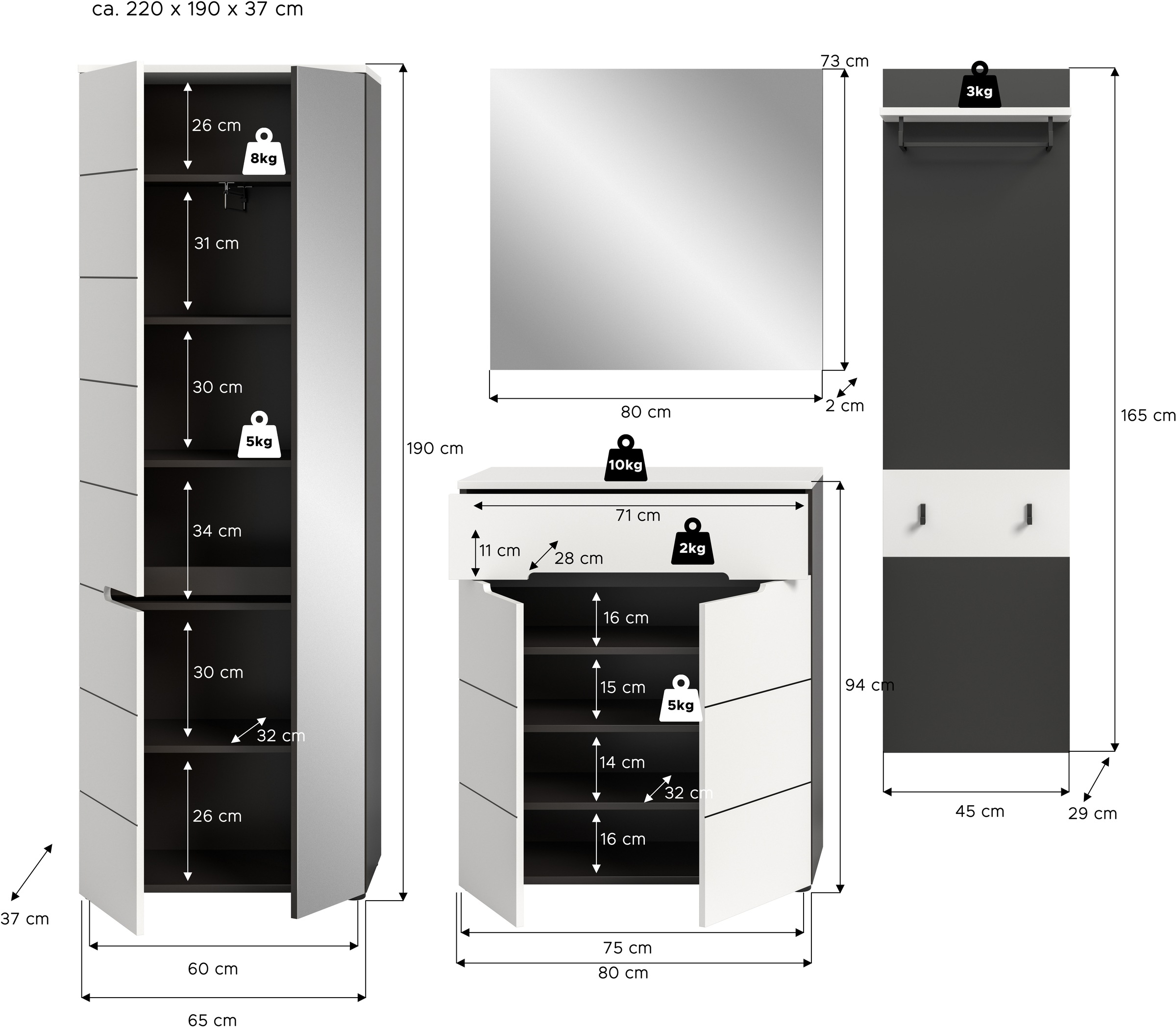 INOSIGN Ensemble de vestiaires »REHAT, TOPSELLER!, 4-teilig, Breite 220 cm, individuell erweiterbar« Set, bestehend aus: Garderobenschrank, Kommode, Spiegel & Garderobenpaneel, 4 cuis tlg.