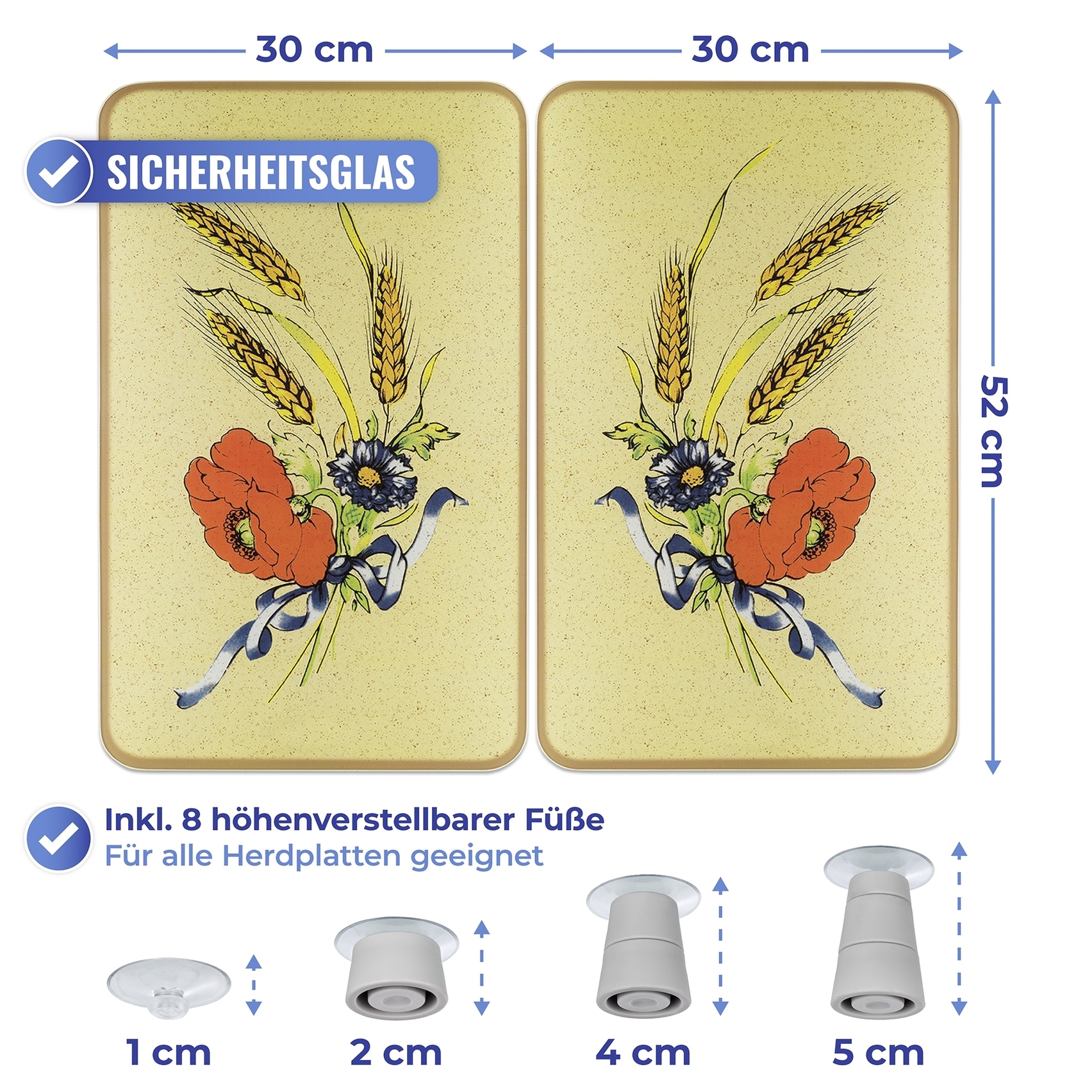 Maximex Herd-Abdeckplatte »Universal Modell Kornblumen«, (Set, 2 tlg.), Herdabdeckung für alle Herdarten, kratzfest, mit rutschfesten Füssen
