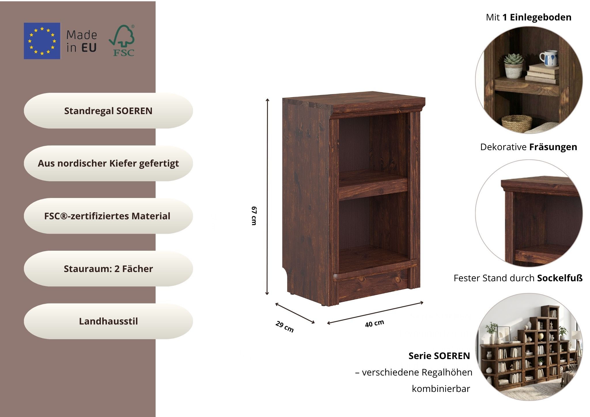GOODproduct Étagère sur pied »Riga Bücherregal Regal Breite/Tiefe 40/29 cm« en pin massif, certifié FSC®