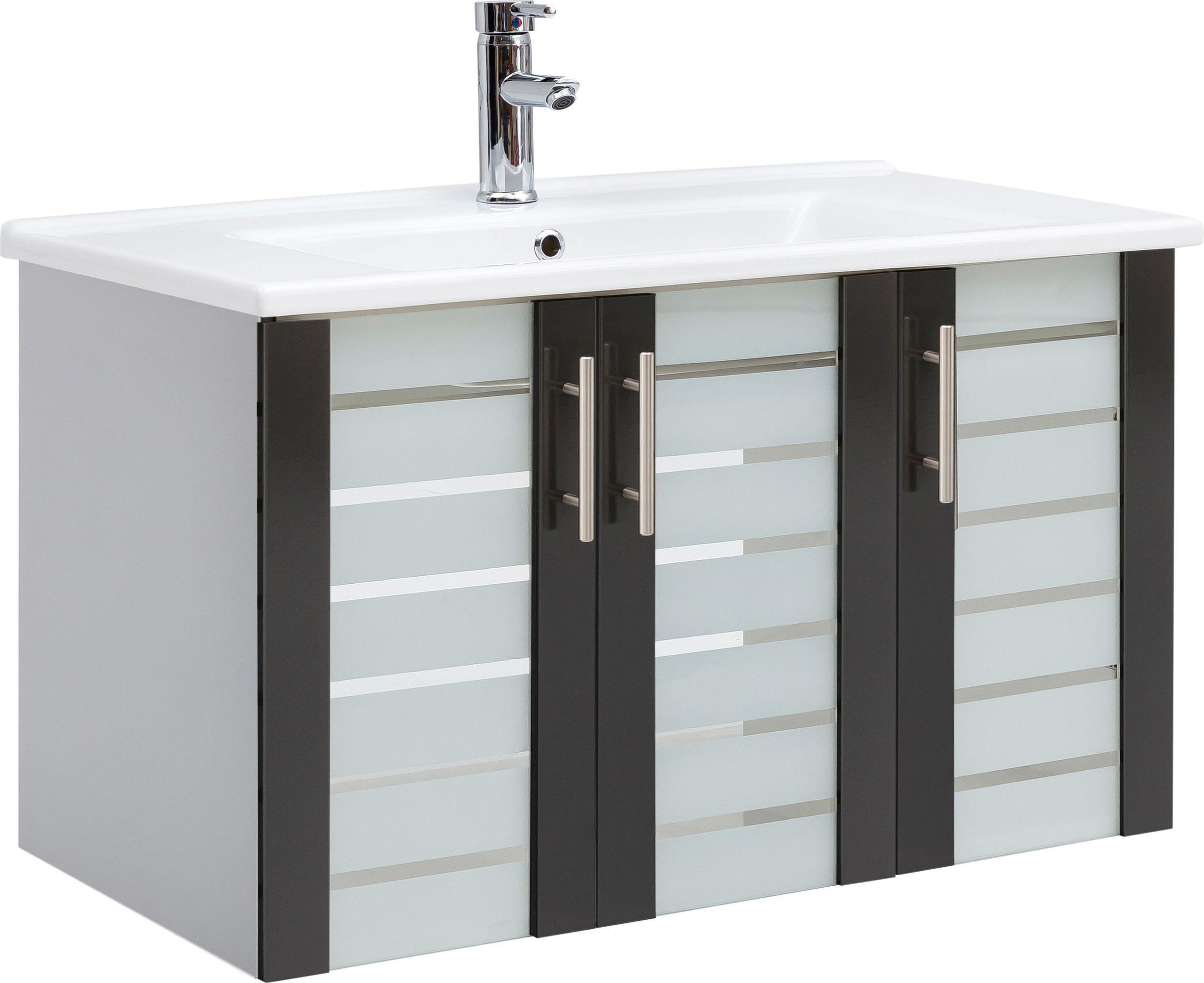 Image of Schildmeyer Waschbeckenunterschrank »Nikosia«, Breite 85 cm, mit Keramikwaschbecken, 3 Glastüren, Metallgriffe bei Ackermann Versand Schweiz