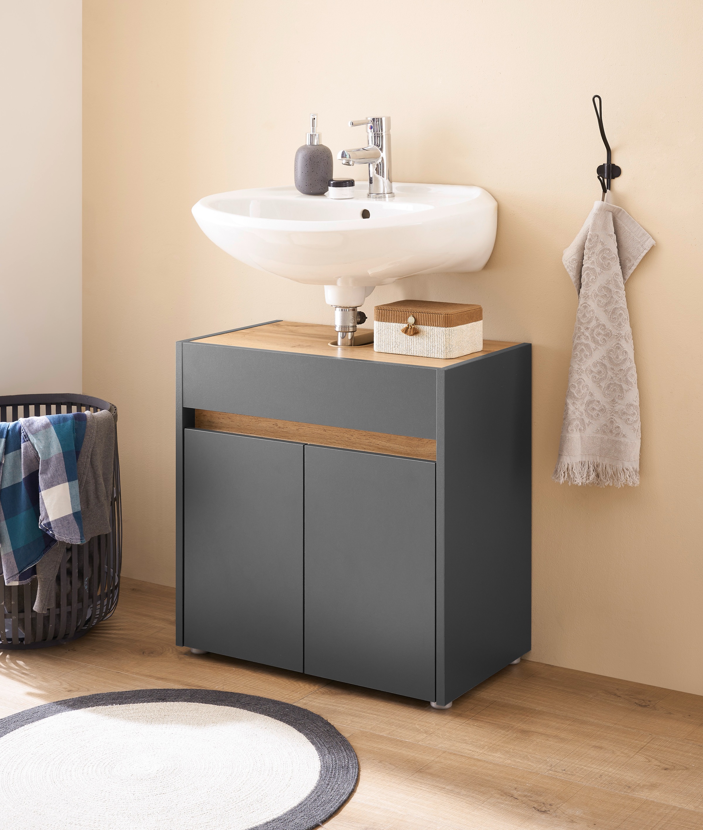 Home affaire Waschbeckenunterschrank "CITY/GIRON, Waschtisch mit Griffmulde, Badschrank in zeitlosem Design" in den Farben Weiß und Anthrazit verfügbar, viel Stauraum