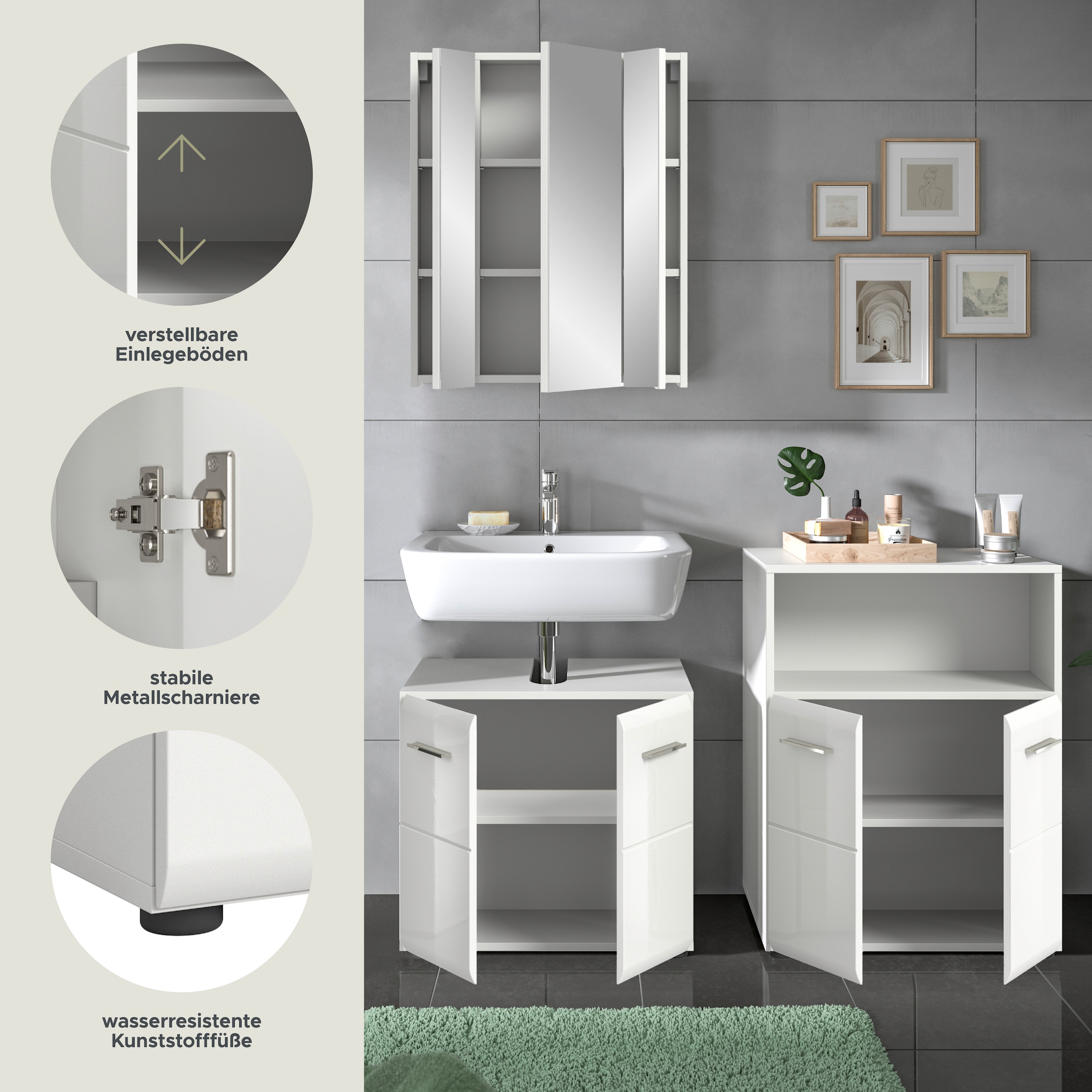 INOSIGN Badmöbel-Set »FLORENZ, TOPSELLER!, 3-teilige Badkombination, hochwertige MDF-Front« Set, best. aus: Waschbeckenunterschrank, Spiegelschrank, Midischrank breit, 