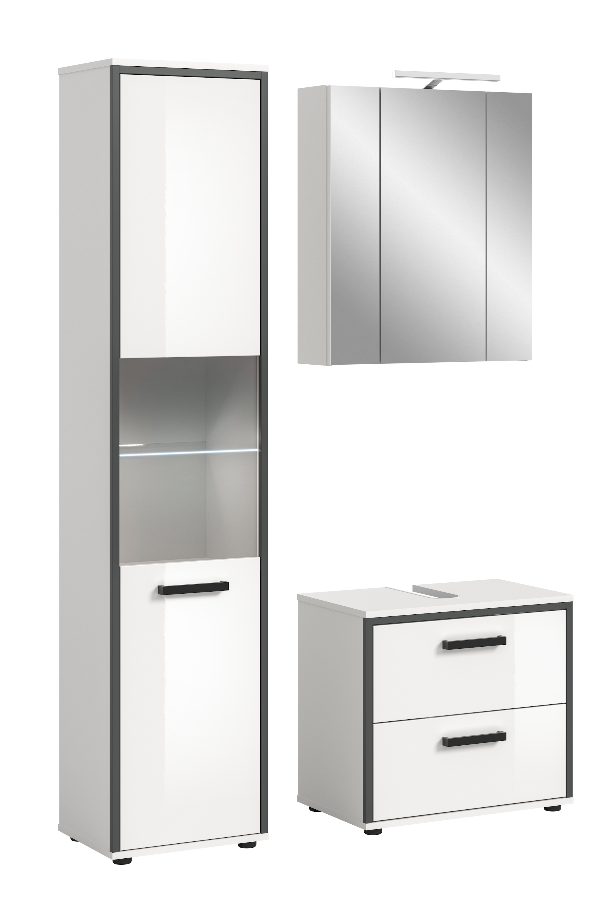 Image of welltime Badmöbel-Set "KAJO, 3-tlg. Badkombination, weiss hochglanz, inkl. Beleuchtung" Set, Set, best. aus: Hochschrank, WBU, Spiegelschrank, Beleuchtung, 5 Stk. tlg.