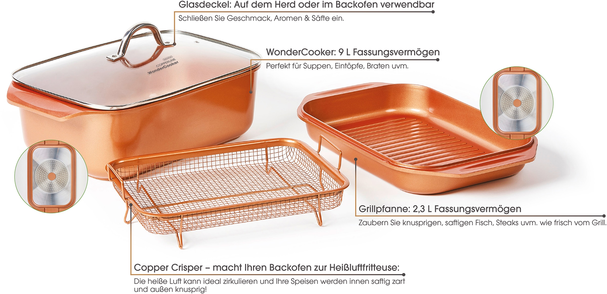 LIVINGTON Bräter »Cooperline Wonder Cooker«, Aluminium, (Set, 5 tlg.), inkl. Grillpfanne, Glasdeckel, Cooper Crisper, Rezeptheft, Induktion