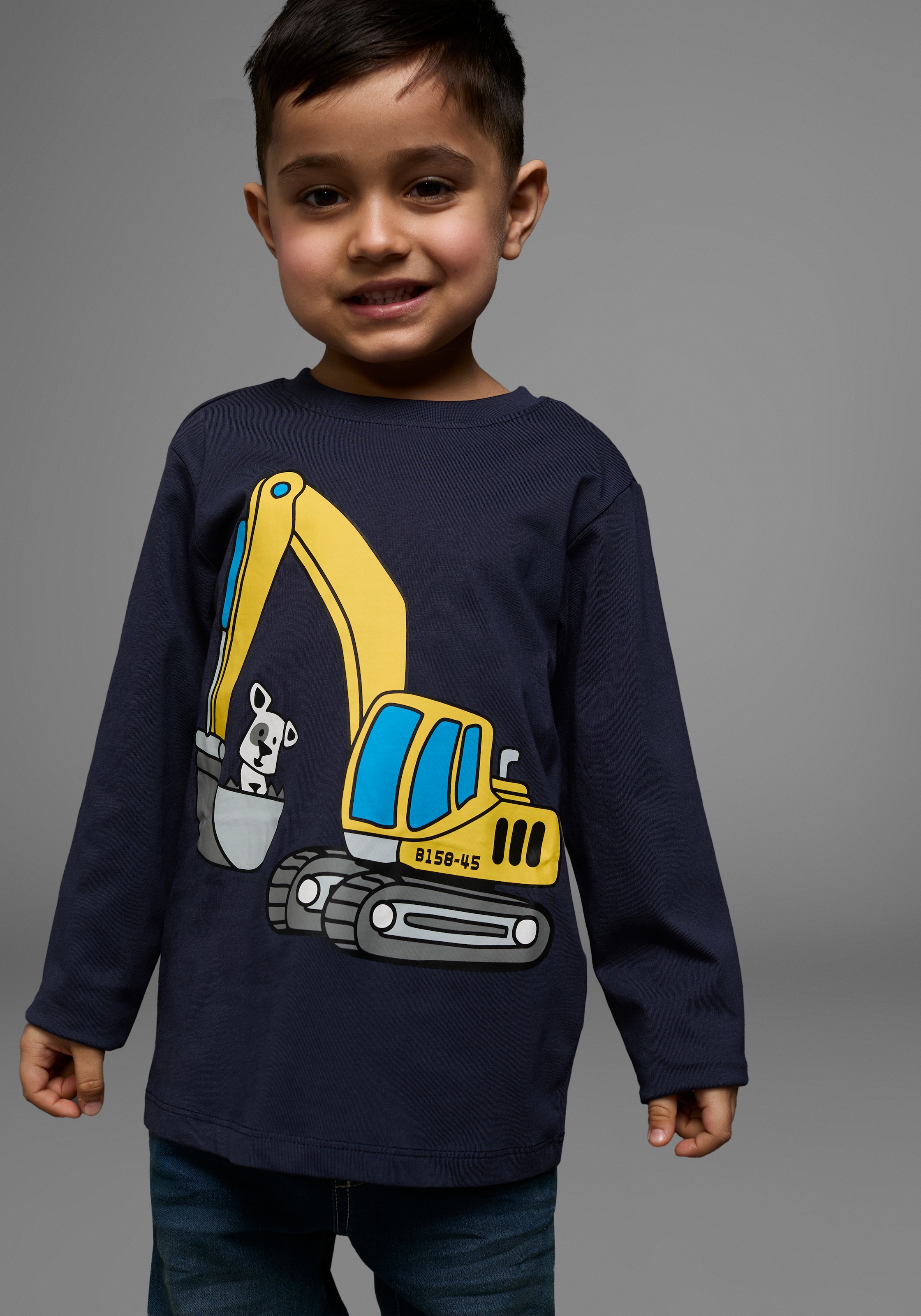 Image of KIDSWORLD Langarmshirt "Shirt mit Druck: HUND MIT BAGGER" Langarm, Basic-Passform, mit stylischem Druck, Rundhalsausschnitt