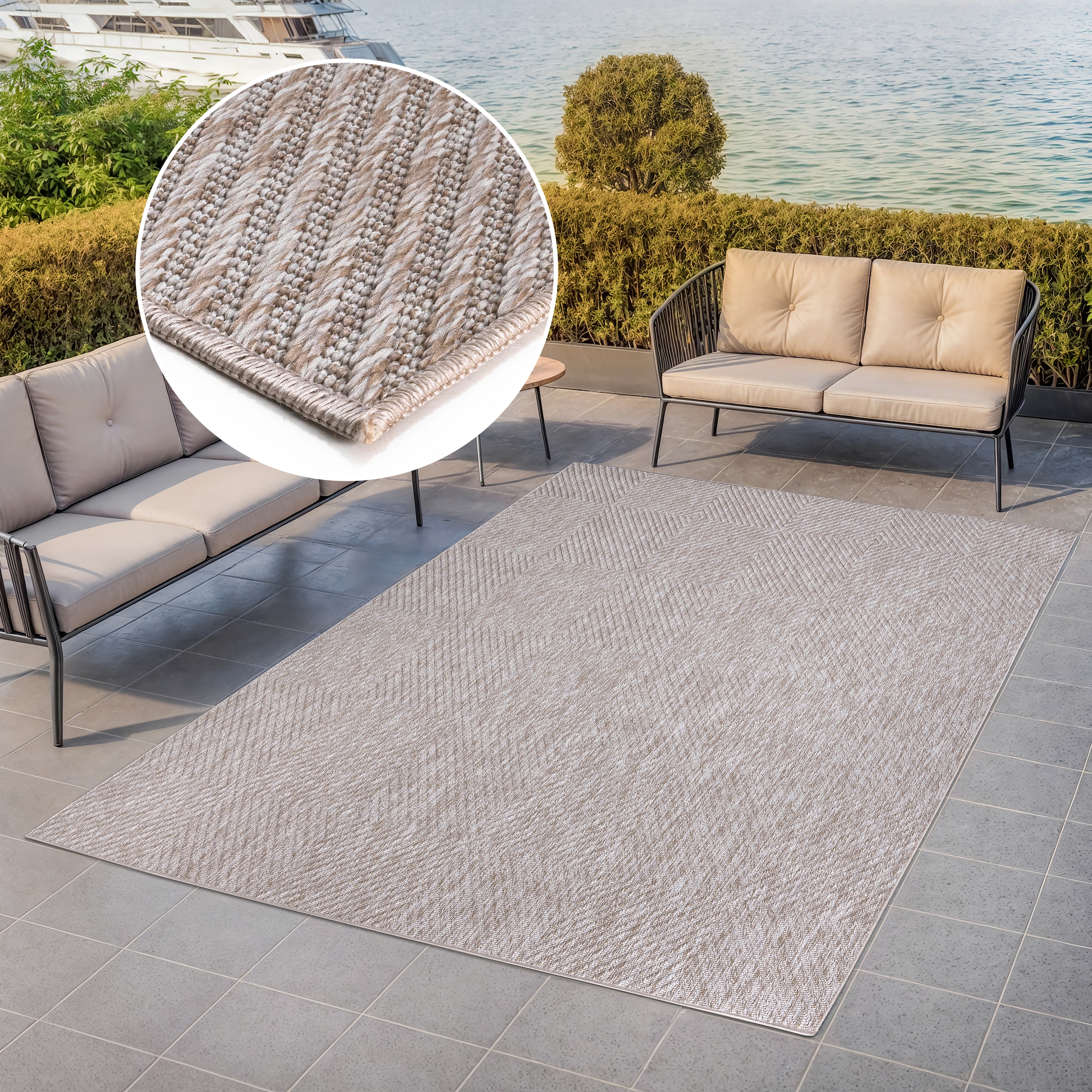 my home Teppich »Elsa, In- und Outdoor geeignet« rechteckig 3 mm Höhe Sisal-Optik, Wetterfest & UV-beständig, Boho, Wohnzimmer, Camping