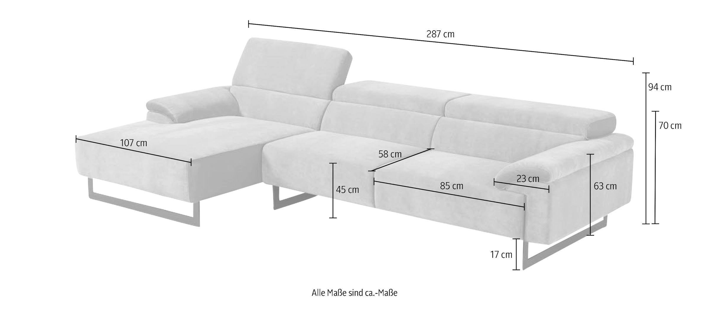 Egoitaliano Ecksofa »Malika, edel und bequem, Designsofa mit hochwertigen Bezügen, L-Form« mit Recamiere, inkl. Kopfteilverstellung und chromfarbenen Metallfüssen