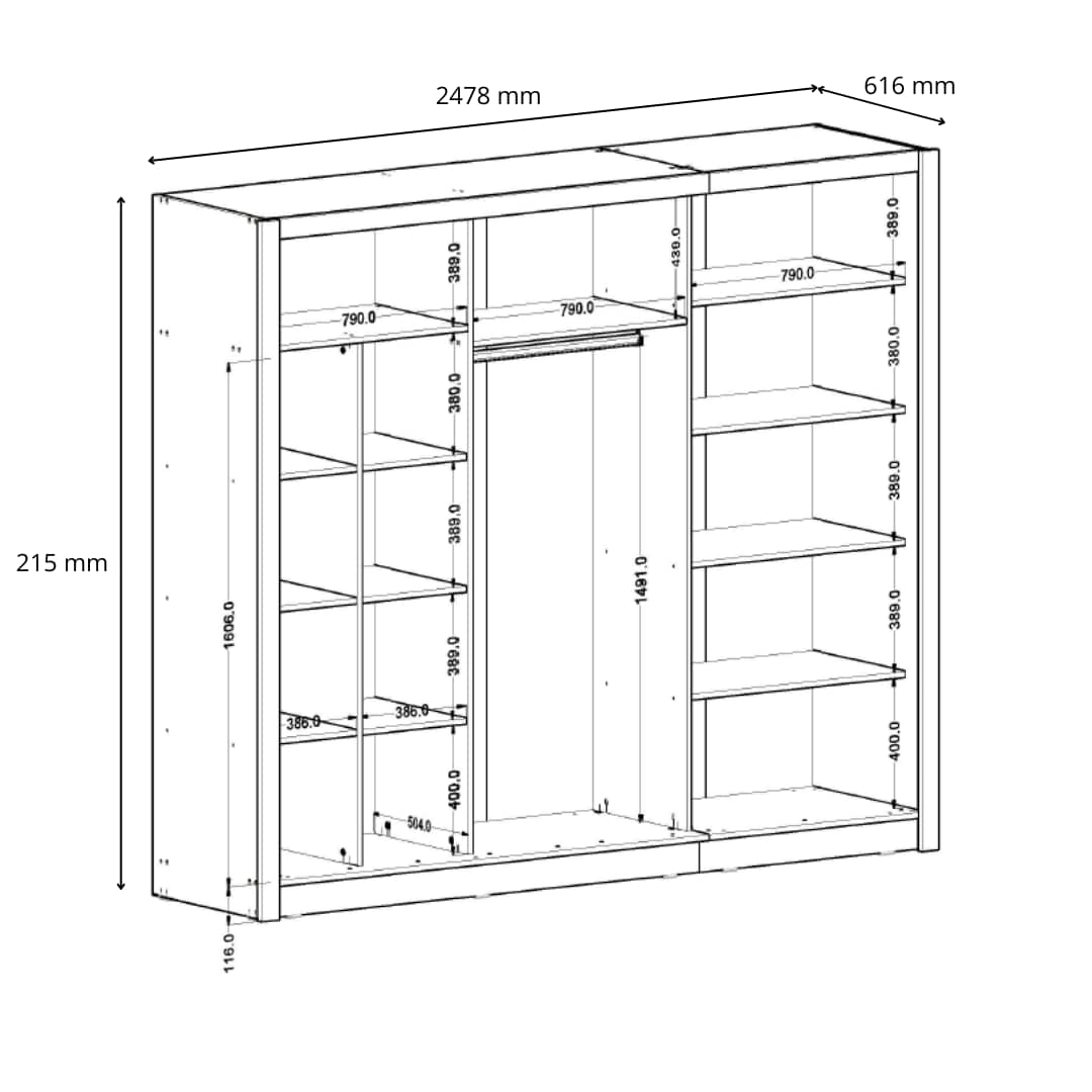 Home affaire Kleiderschrank »BELAVIEN Schwebetürenschrank mit 15 Fächer, Kleiderstange und Spiegel« Garderobe mit 3 Schwebetüren und Spiegel, Masse B/T/H: 247,8/61,6/215