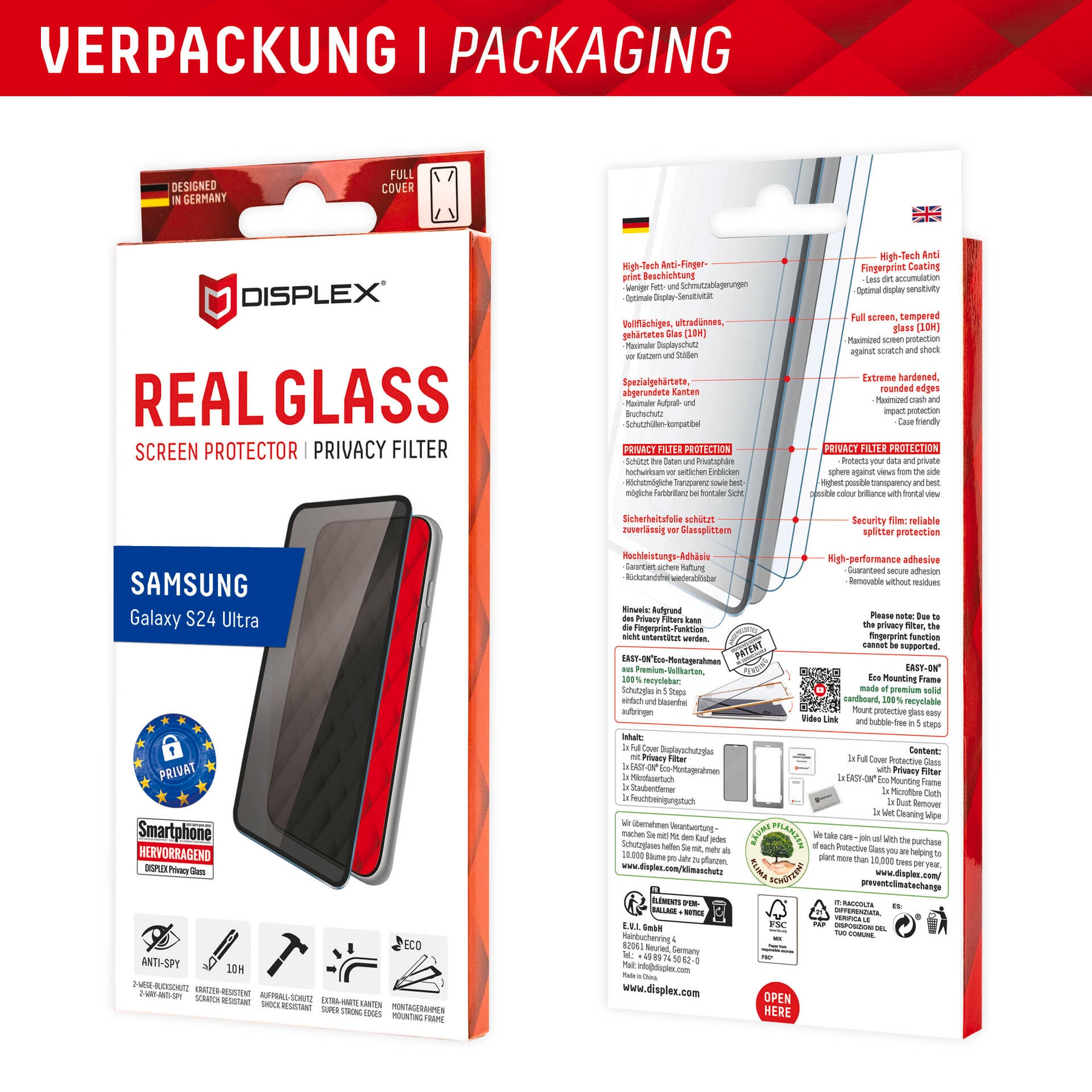 Displex Displayschutzglas »Privacy Glass« für Samsung Galaxy S24 Ultra Blickschutz Displayschutzfolie Displayschutz kratzer-resistent 10H