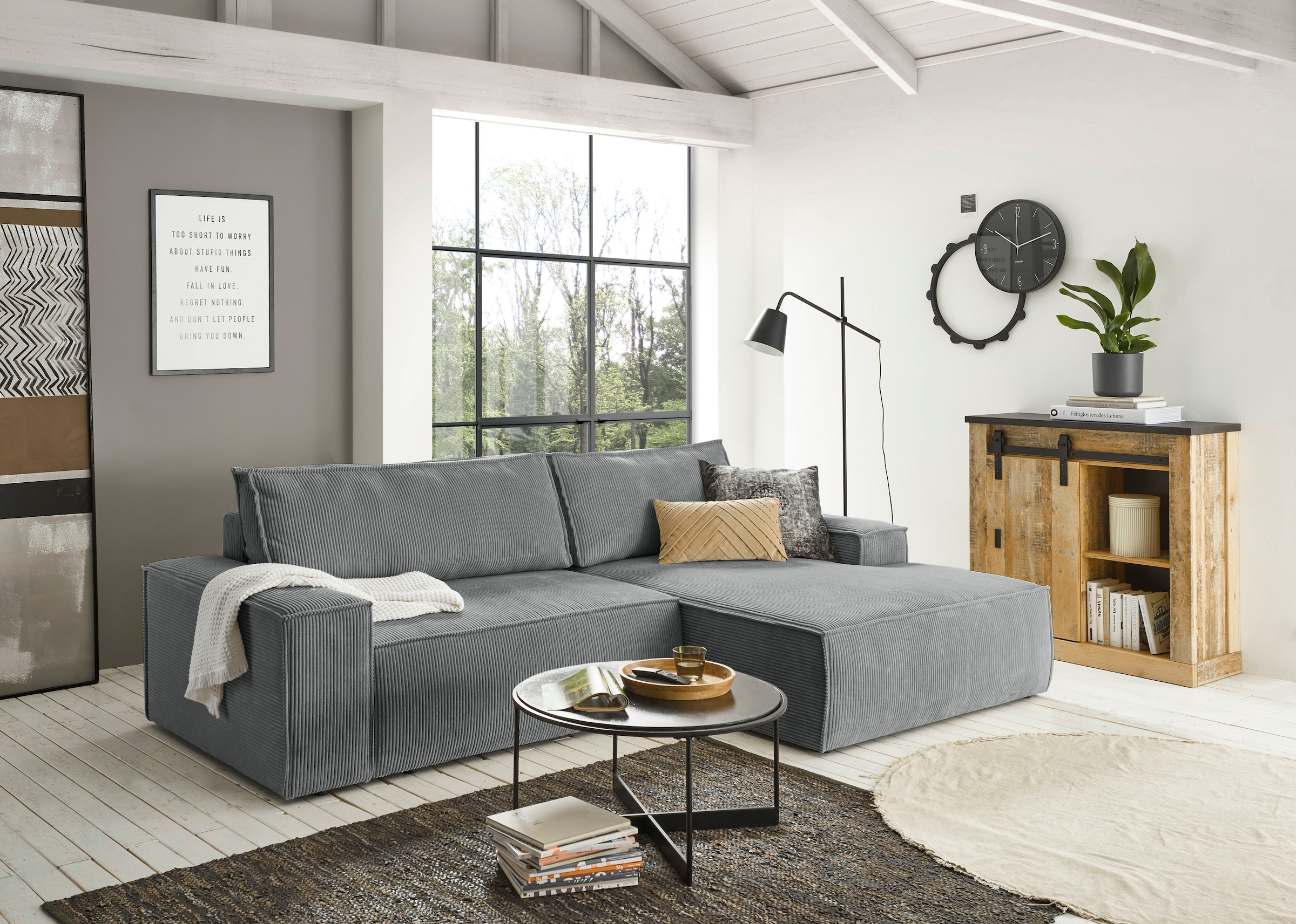 Home affaire Ecksofa SHERWOOD Schlafsofa 267 cm, L-Form, Schlaffunktion mit Bettkasten (210x136 cm), Cord, Vintage, Samtvelours