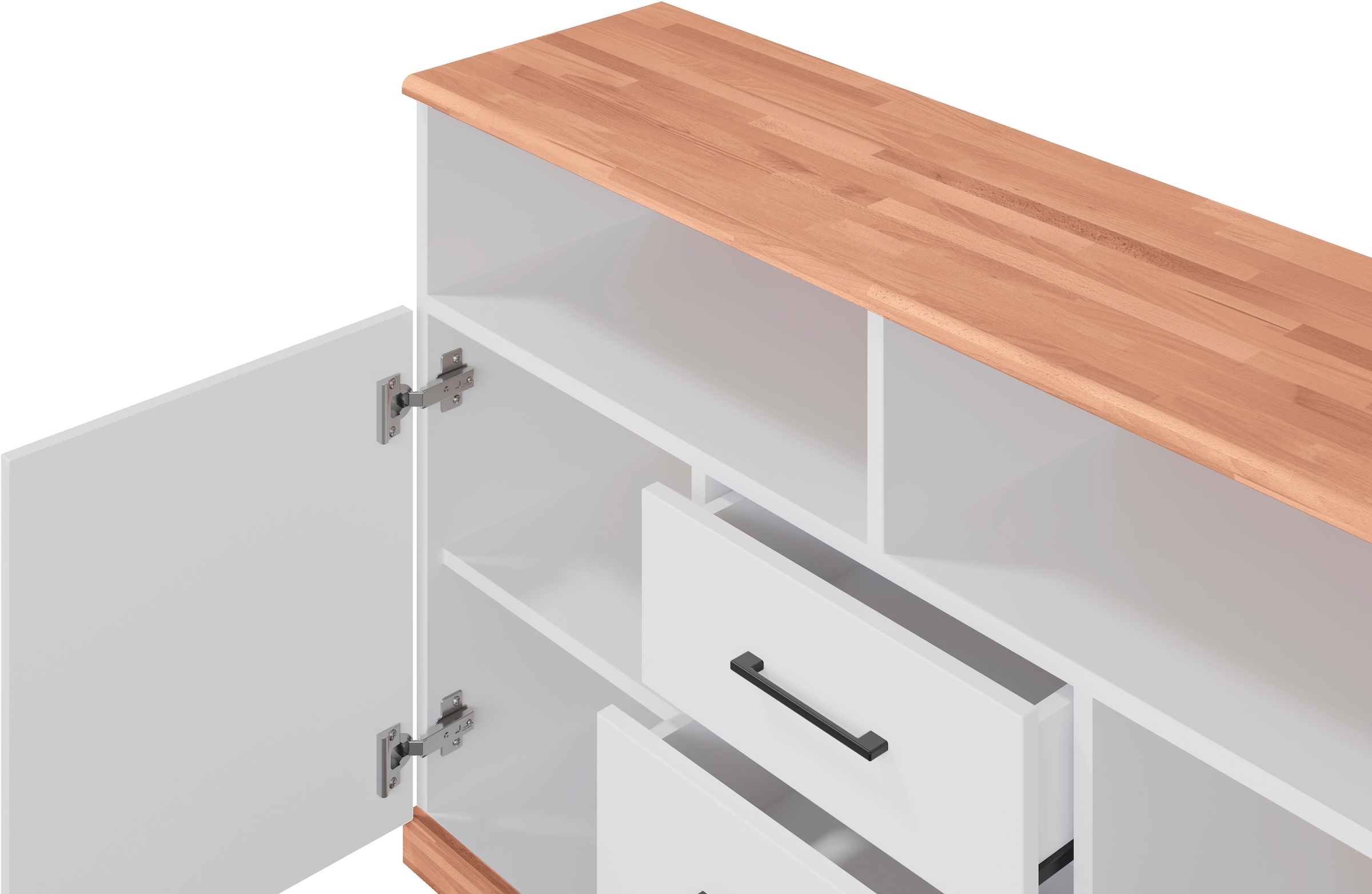 GOODproduct Sideboard »Ribe,130cm breit,80cm hoch,Oberplatte Holz massiv,6 Fächer« Oberplatte Kernbuche massiv,schwarze Metall Griffe