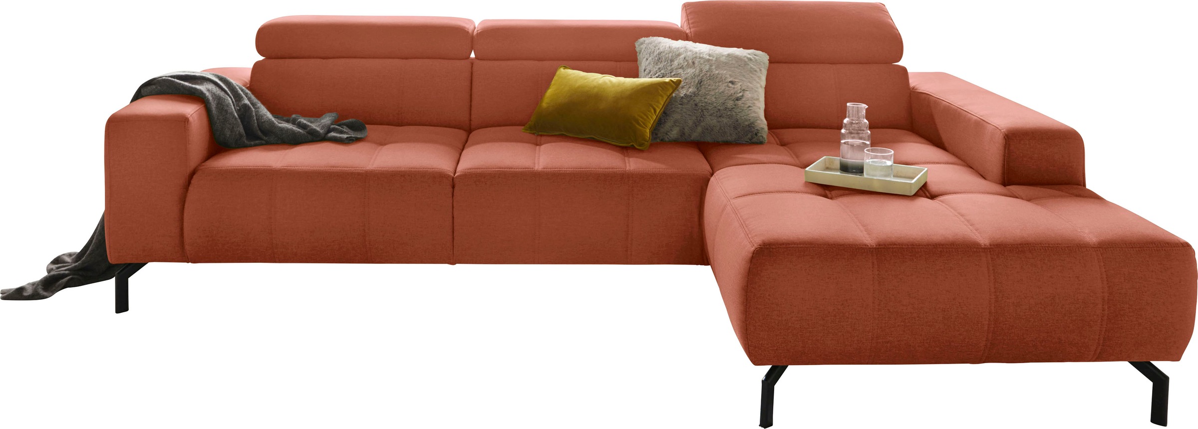 DOMO collection Ecksofa »Cunelli tolle Sitznähte als Designelement, fester Sitzkomfort, L-Form«, wahlweise mit 6-fach verstellbarer Kopfteilverstellung, bodenfrei