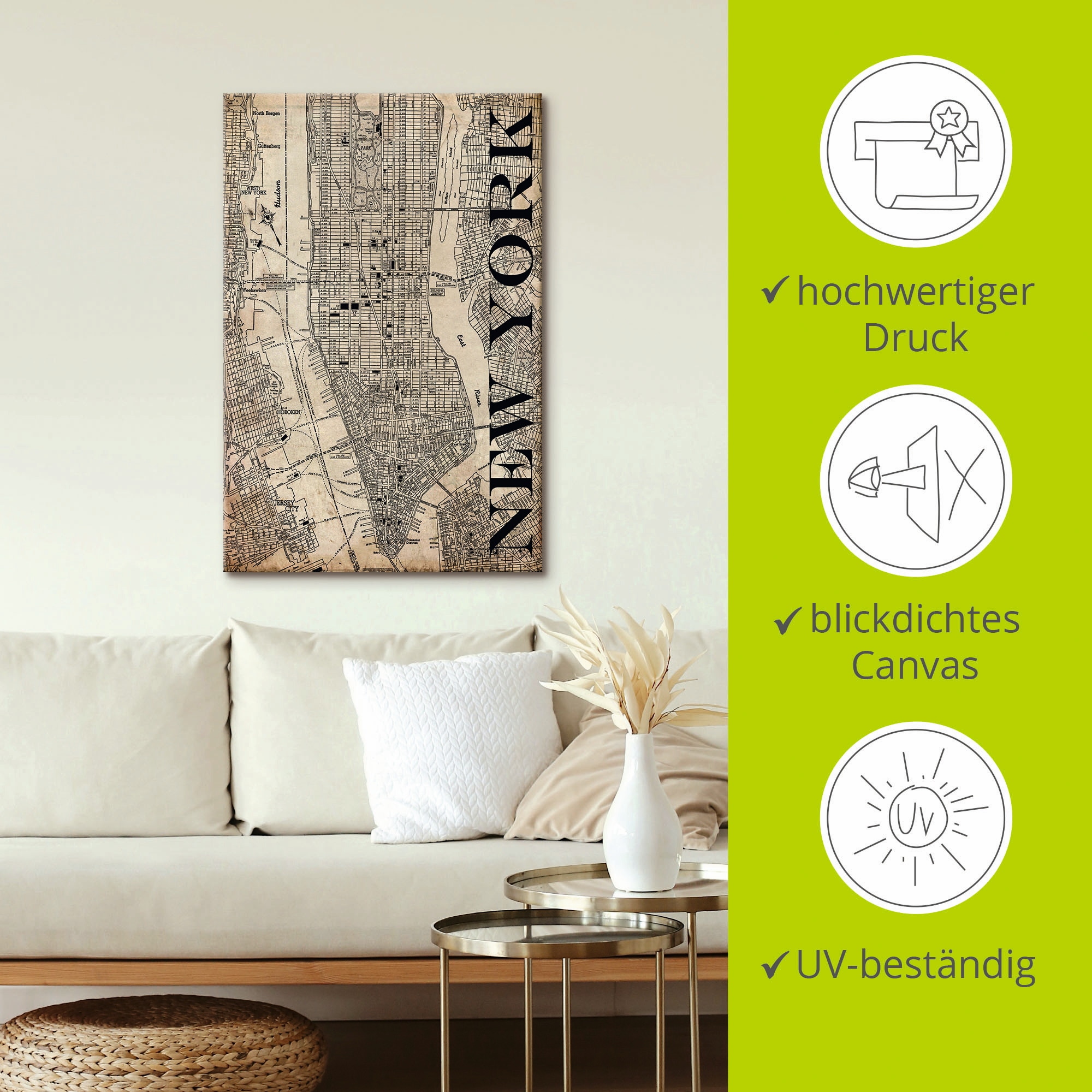 Artland Wandbild »New York Karte Strassen Karte Grunge«, Amerika, (1 St.), als Leinwandbild, Poster in verschied. Grössen