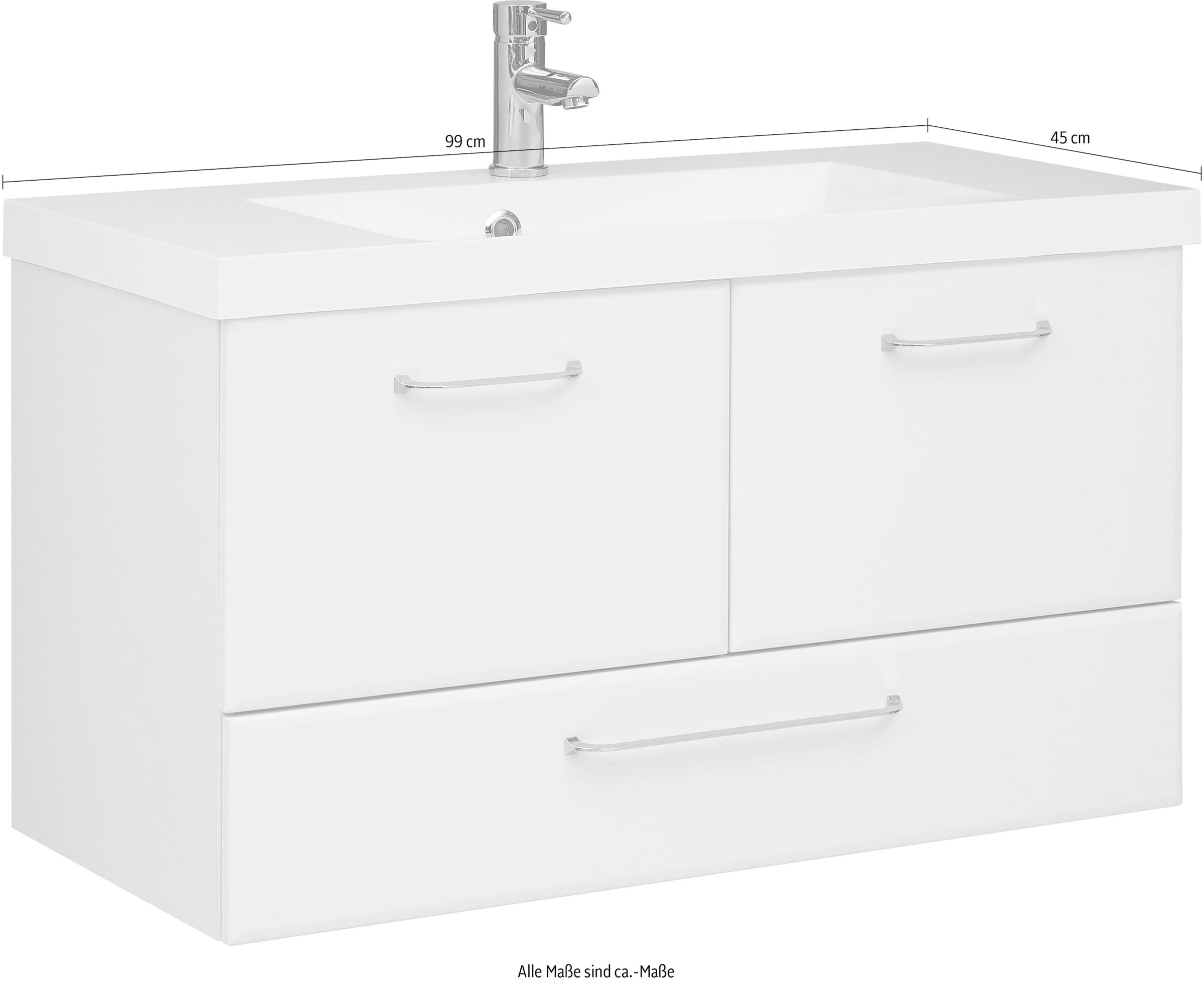 Saphir Waschtisch »Quickset Mineralmarmor-Waschtisch mit Unterschrank, 99 cm breit« Wachplatz, Griffe Chrom Glanz, inkl. Türdämpfer, 2 Türen, 1 Schublade