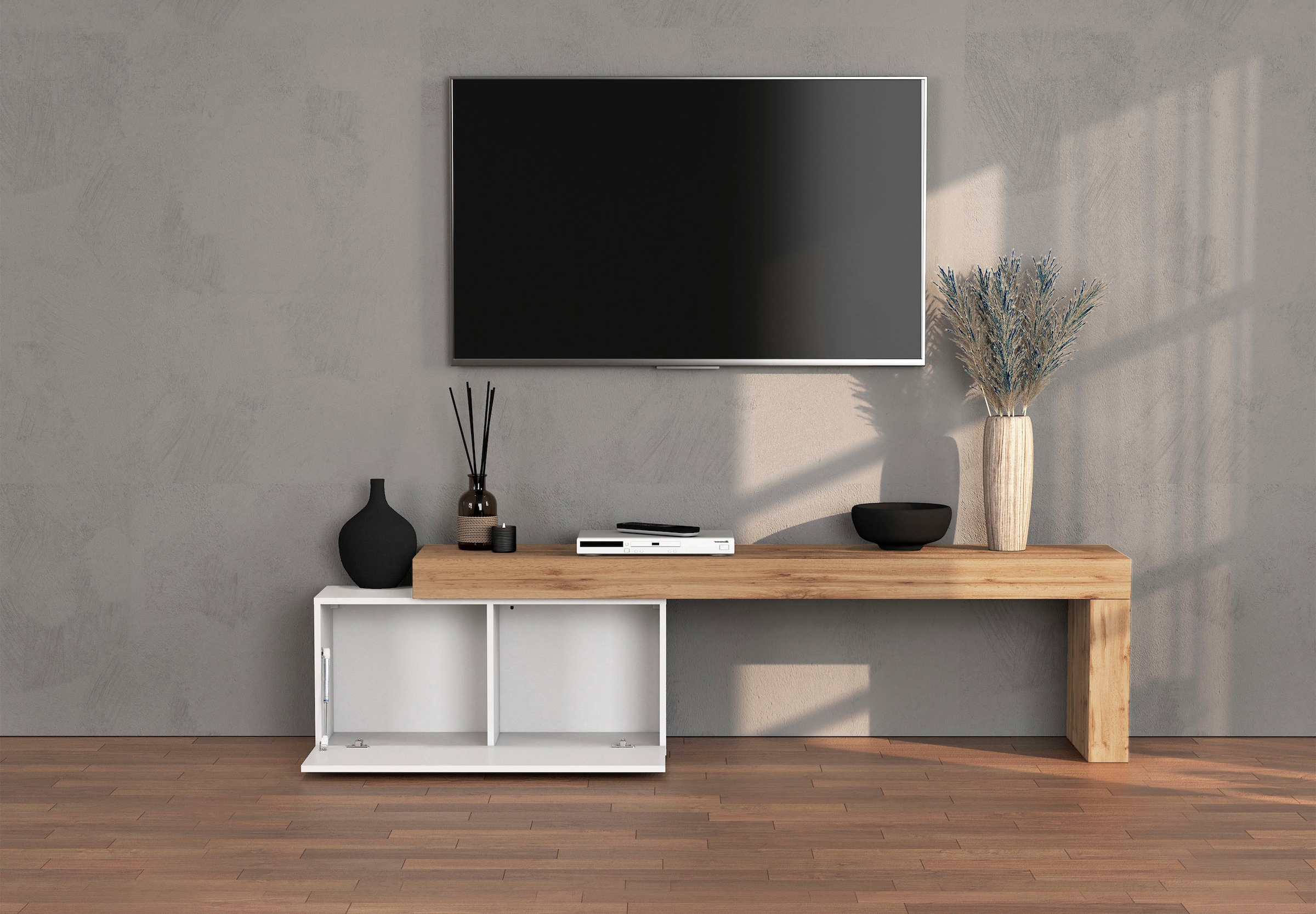 GOODproduct Lowboard »Chronos TV-Board, TV-Schrank« Breite verstellbar von 180 bis 260 cm, 1 Stk. tlg. Breite 220 cm TV-Board,Lowboard,1 Klappe und ein L-Förmiger Aufsatz