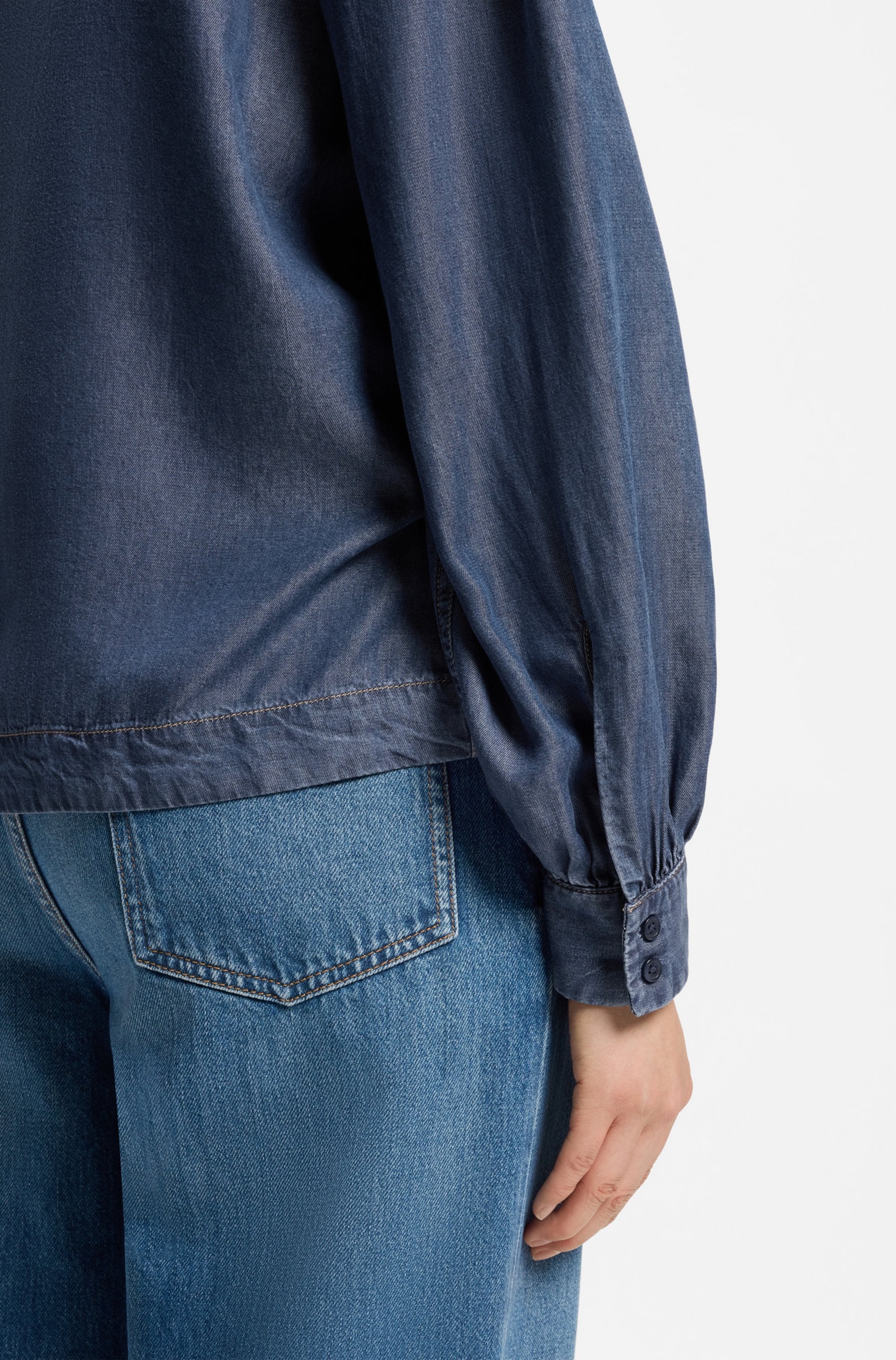 BOSS ORANGE Blouse à manches longues »Betilla Premium Damenmode« mit Schal-Detail, Denim-Look