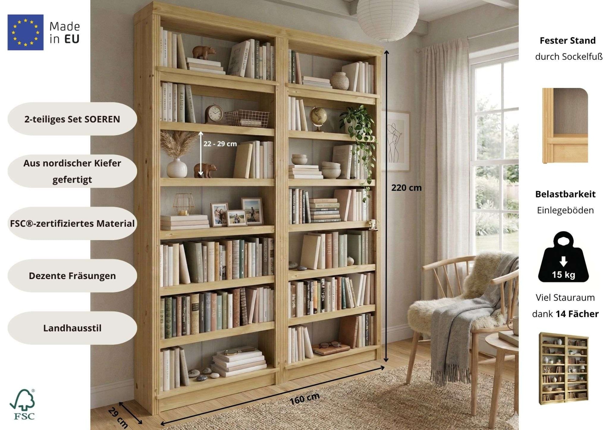 GOODproduct Bibliothek »Soeren 2 Regale á Breite 80 cm, Höhe 220 cm, Tiefe 29 cm« Set, 2 Stk. tlg. 2 Bücherregale - zusammen oder getrennt stellbar
