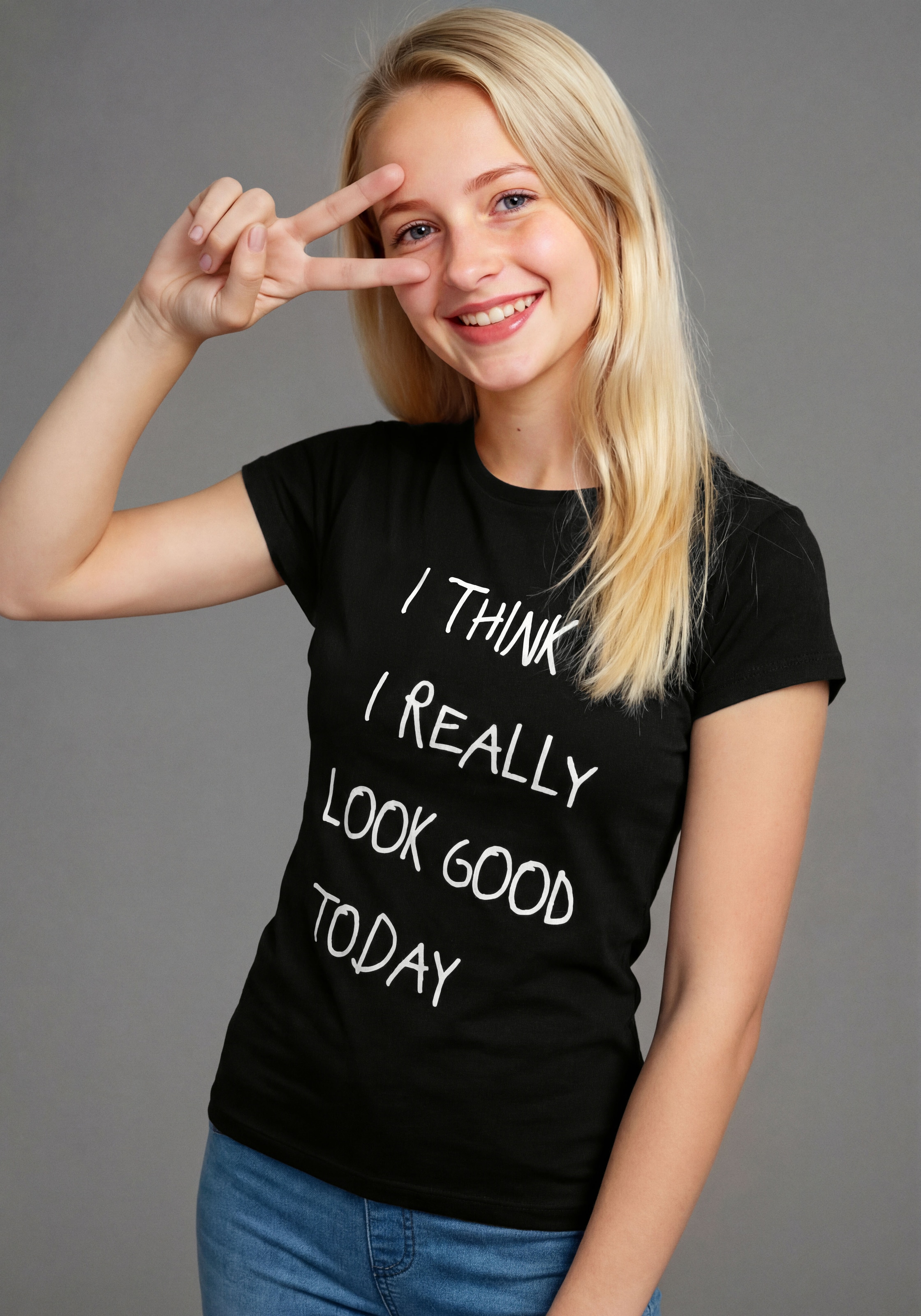 Image of KIDSWORLD T-Shirt "Lässiger Spruch: I THINK I LOOK REALLY GOOD TODAY" für Mädchen, Kurzarm, Rundhalsausschnitt, mit Statement-Sprüchen