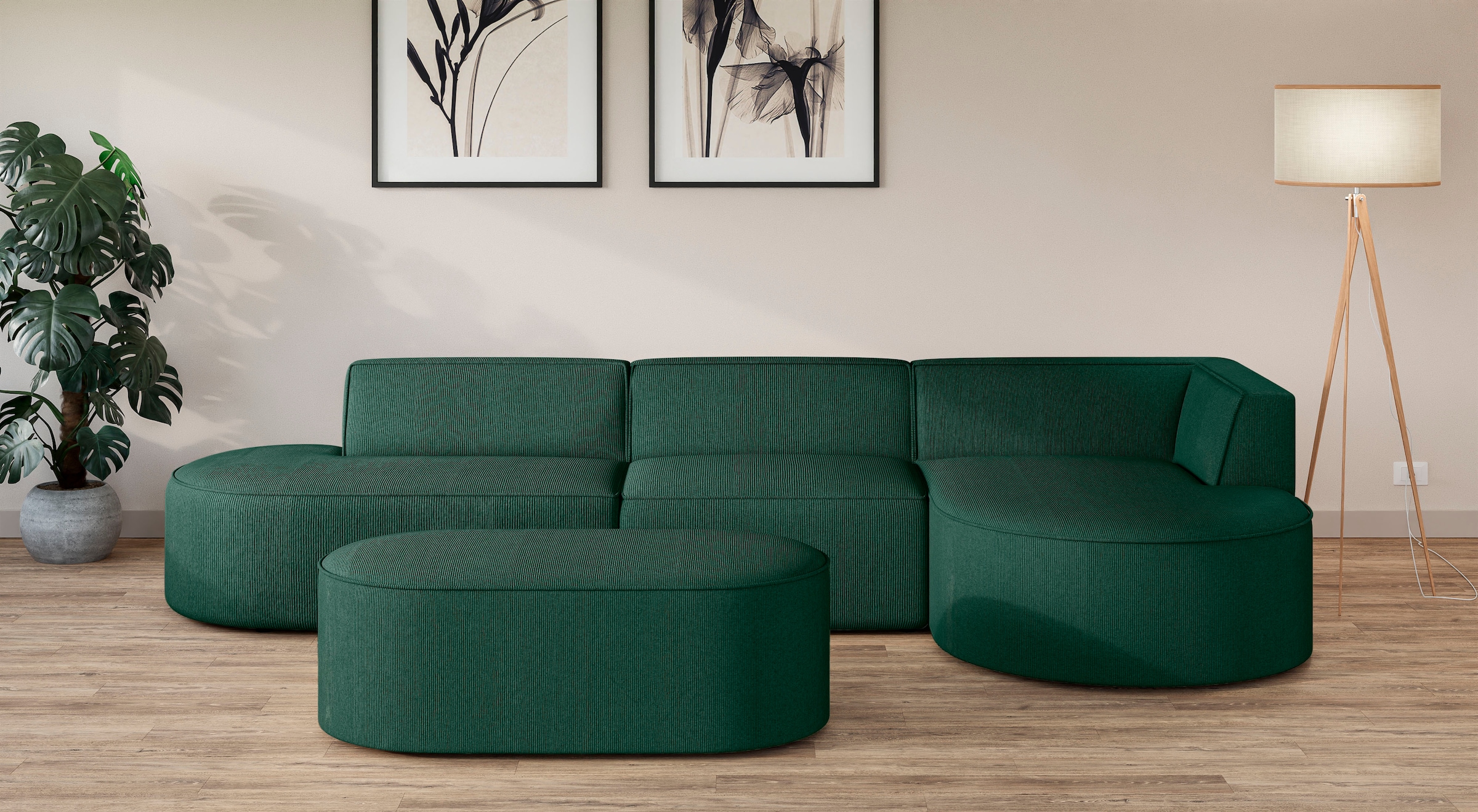andas Ecksofa »EIVIND Designer Sofa mit Ottomane rechts/links, B/T/H: 343/159/72 cm«, L-Form mit Wellenunterfederung, auch in Feincord und Bouclé