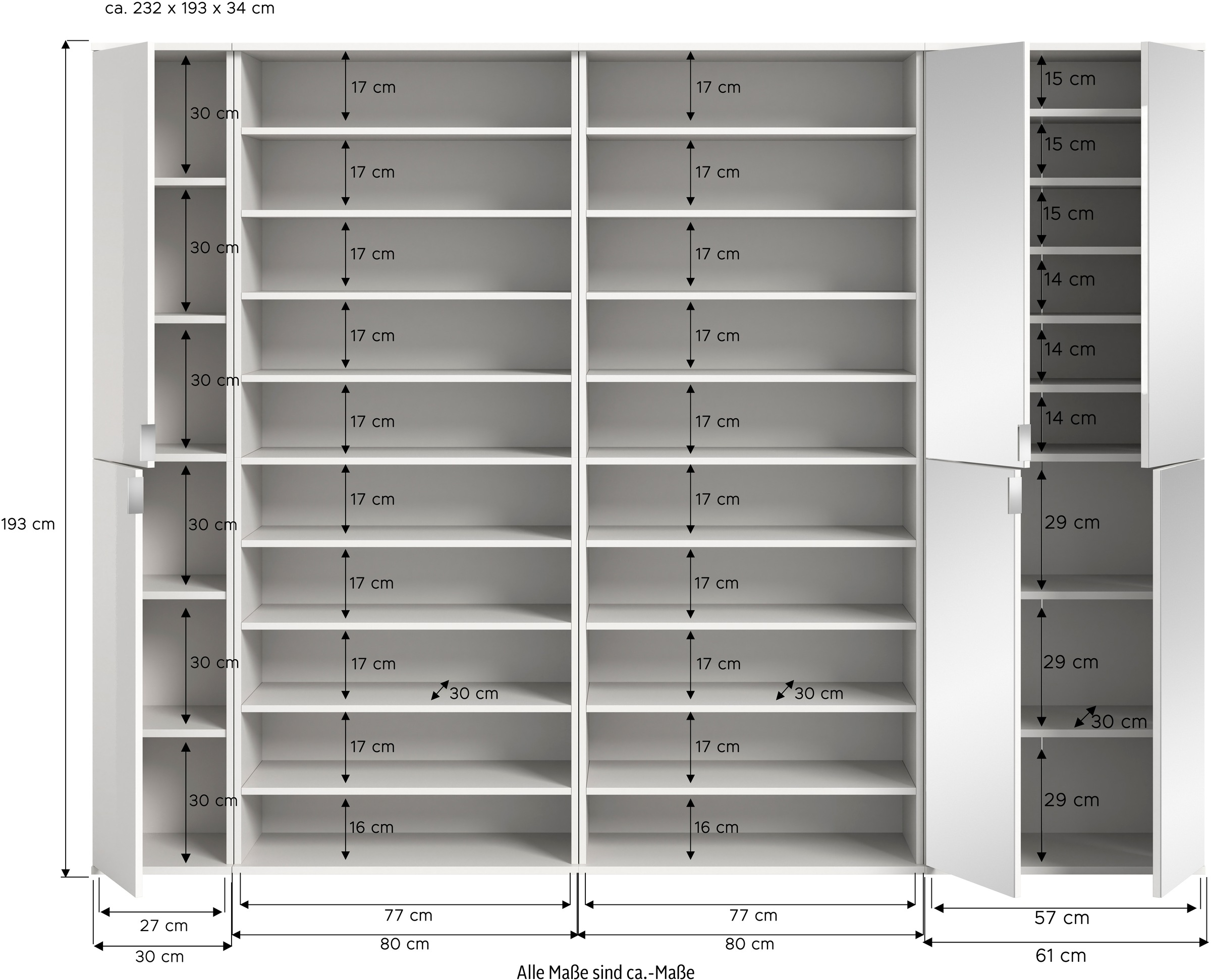 INOSIGN Garderoben-Set »Trondheim, Garderobenset 4-tlg. Breite 232 cm,«, (4 St.), hochglanz, best. aus: Spiegelschrank, 2x Schuhregal, Schrank, Flur