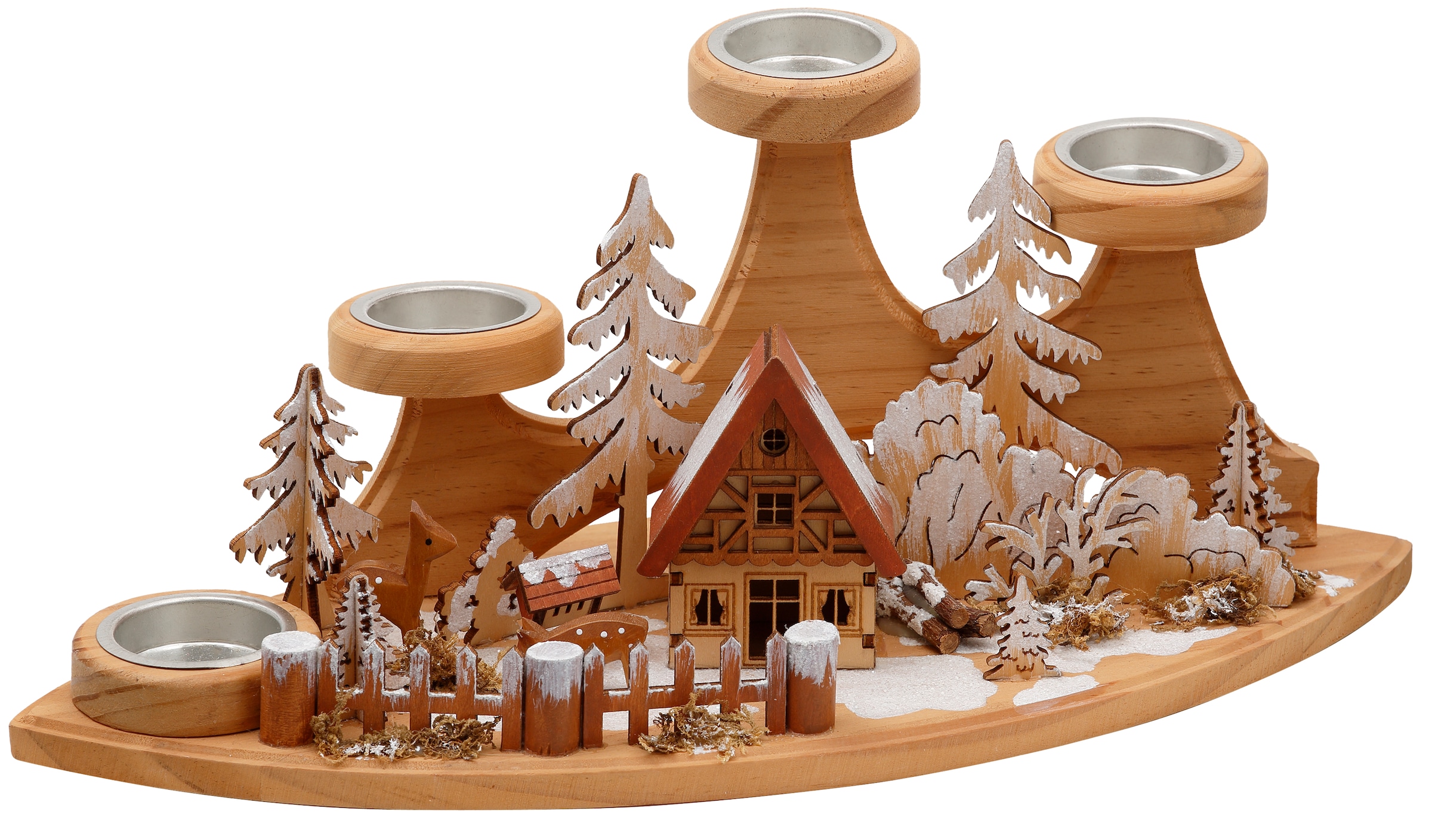 Home affaire Teelichthalter »Winterlandschaft, Weihnachtsdeko aus Holz«, (1  St.), Adventsleuchter für 4 Teelichter, Breite ca. 37 cm versandkostenfrei  auf