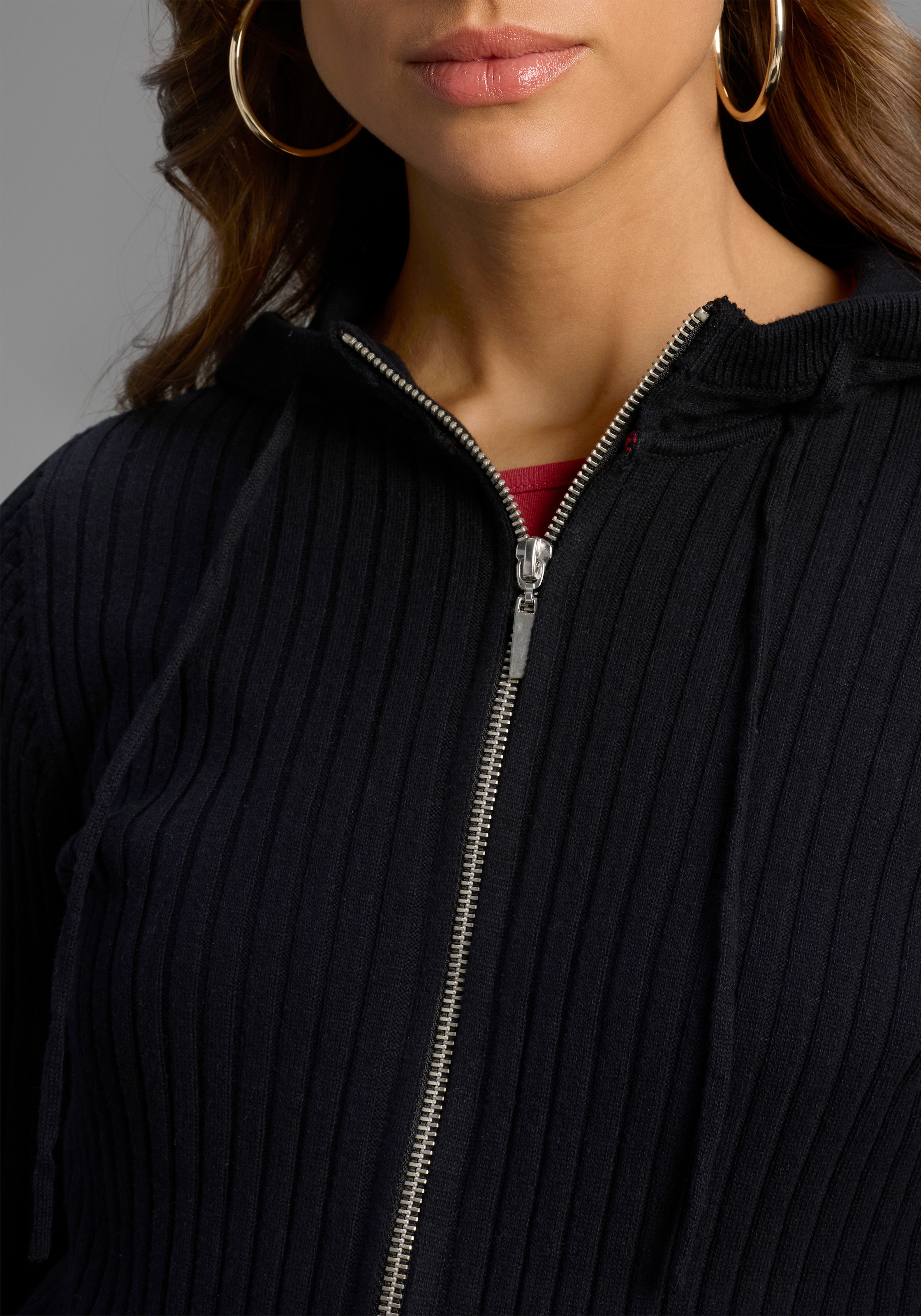 Laura Scott Kapuzenstrickjacke Feinstrick mit Rippe mit 2-Wege-Reissverschluss - NEUE KOLLEKTION